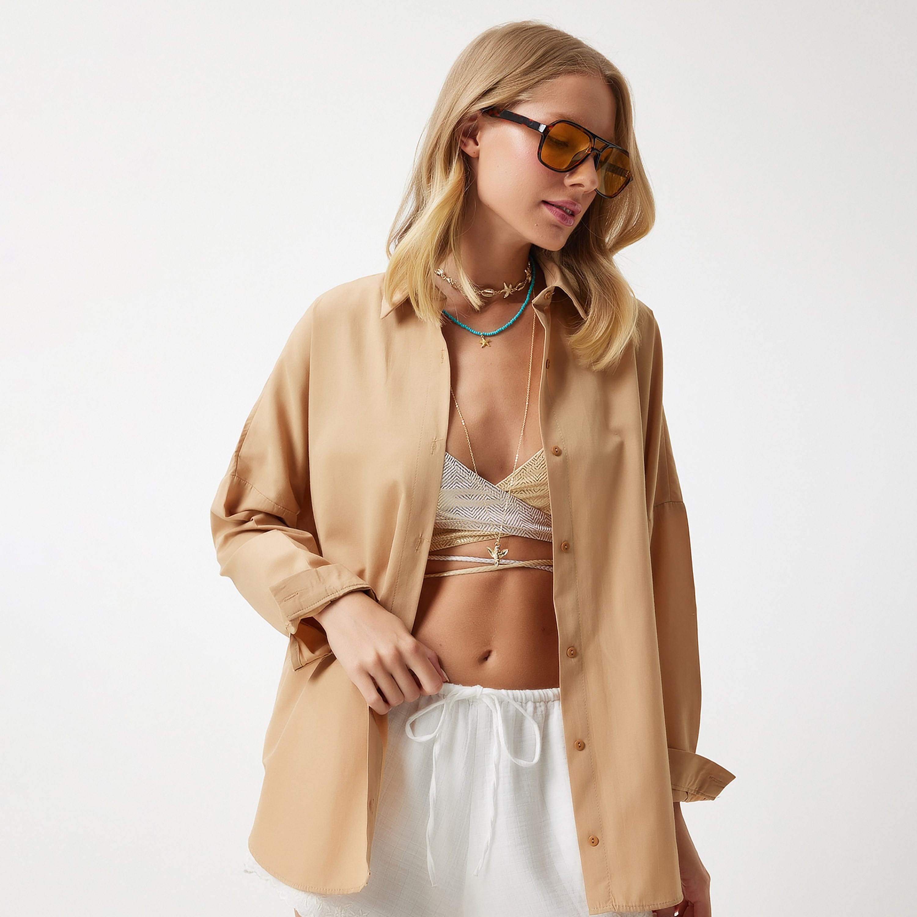 سعادة إسطنبول أكمام منسدلة بياقة قميص نسائي بيج-women-clothing-shirtsandblouses-shirts-image-2