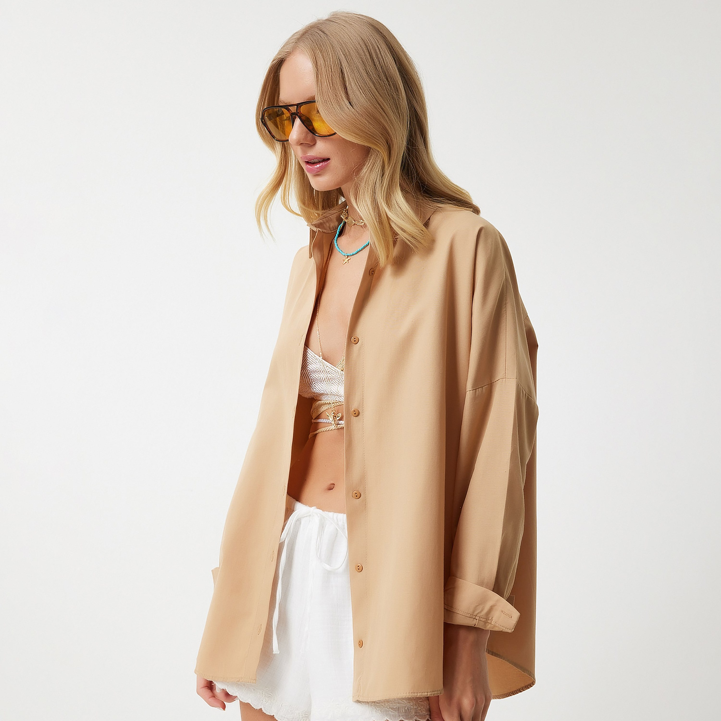 سعادة إسطنبول أكمام منسدلة بياقة قميص نسائي بيج-women-clothing-shirtsandblouses-shirts-image-3