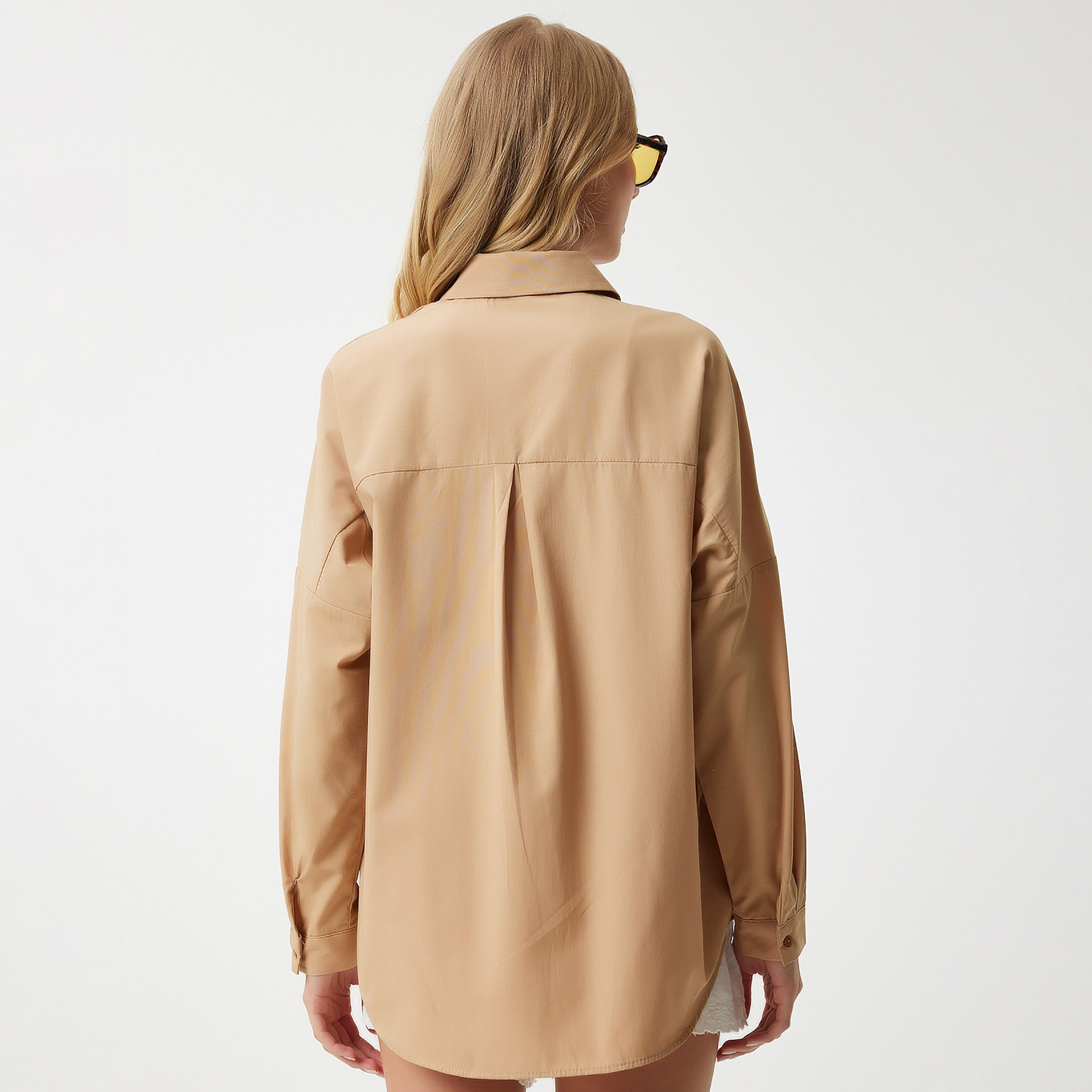 سعادة إسطنبول أكمام منسدلة بياقة قميص نسائي بيج-women-clothing-shirtsandblouses-shirts-image-4