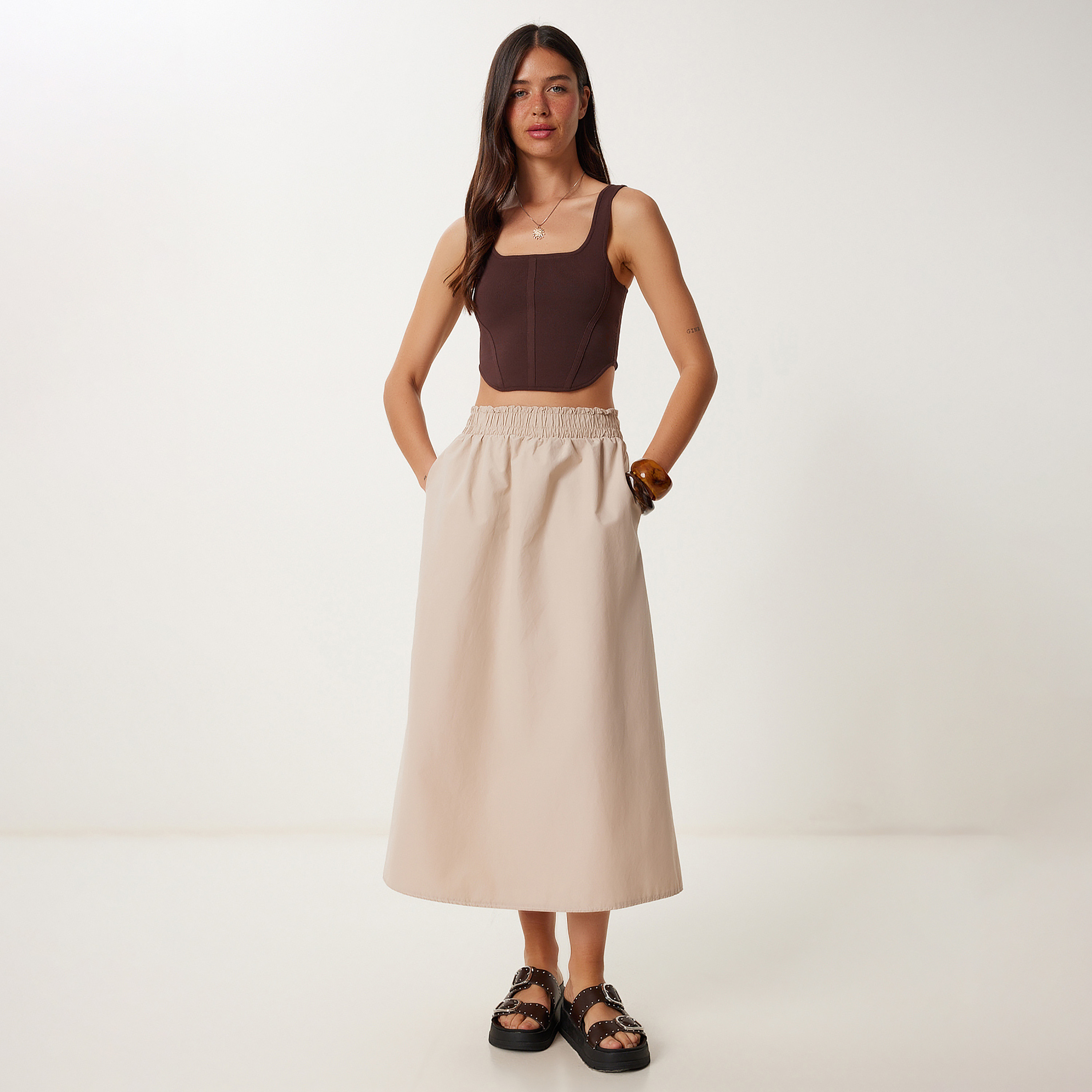 Happiness Istanbul Beige A-line Women's Midi Skirt-women-clothing-bottoms-skirts-image-2