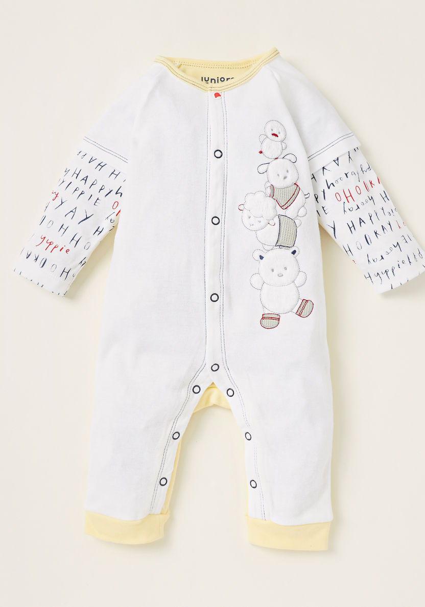 Juniors Text Print Sleepsuit with Embroidered Detail and Long Sleeves-Sleepsuits-image-0