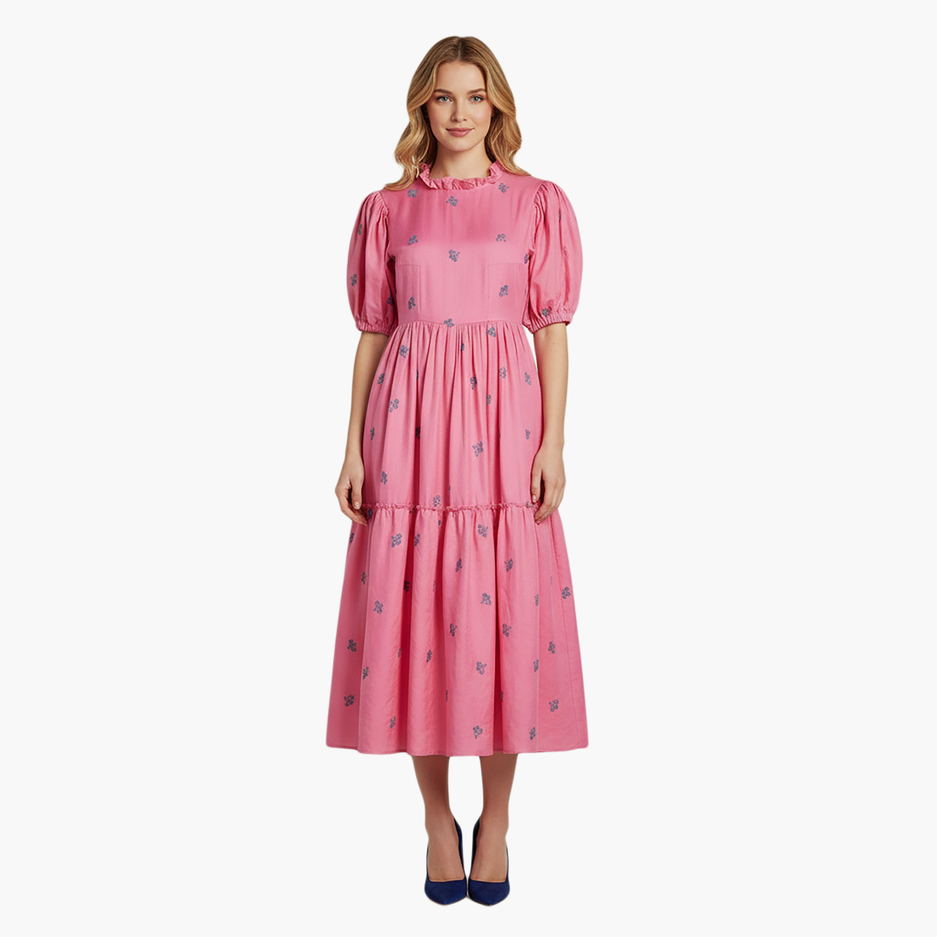 Nocturne Embroidered Ruffle Neck Puff Sleeves Tiered Pink Women's Midi Dress-women-clothing-dresses-image-1
