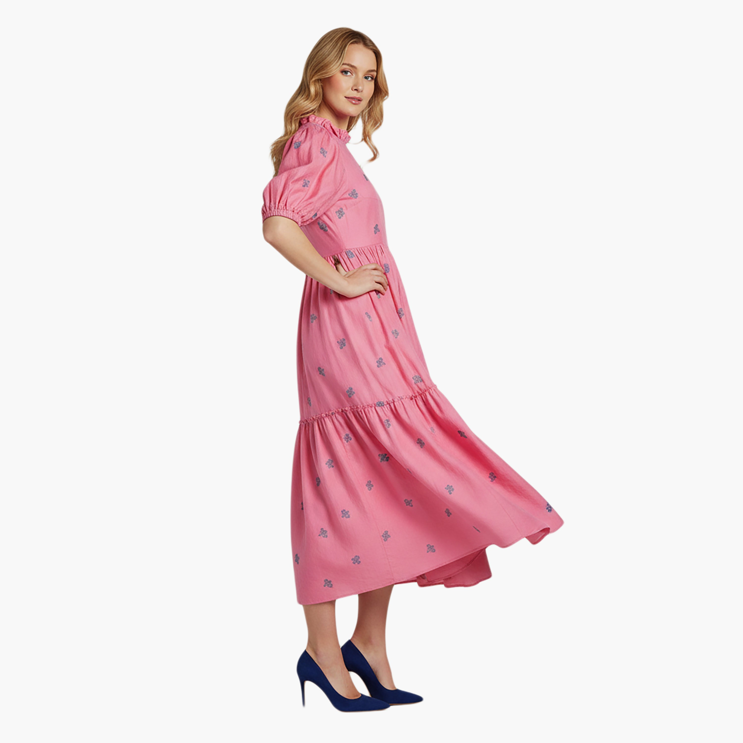 Nocturne Embroidered Ruffle Neck Puff Sleeves Tiered Pink Women's Midi Dress-women-clothing-dresses-image-2