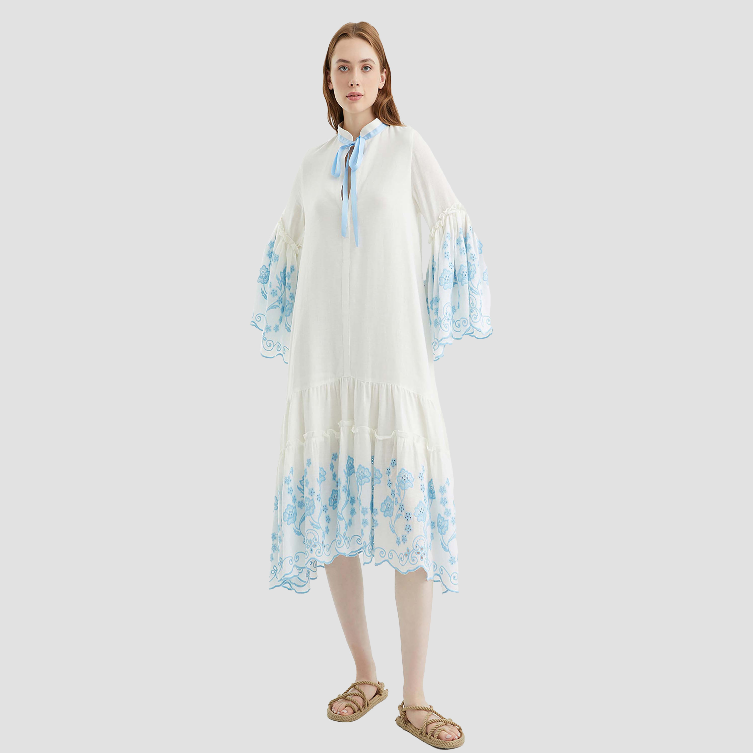 Nocturne Schiffli Tie-Up Neck Flounce Sleeves Tiered White Women's Midi Dress-women-clothing-dresses-image-1