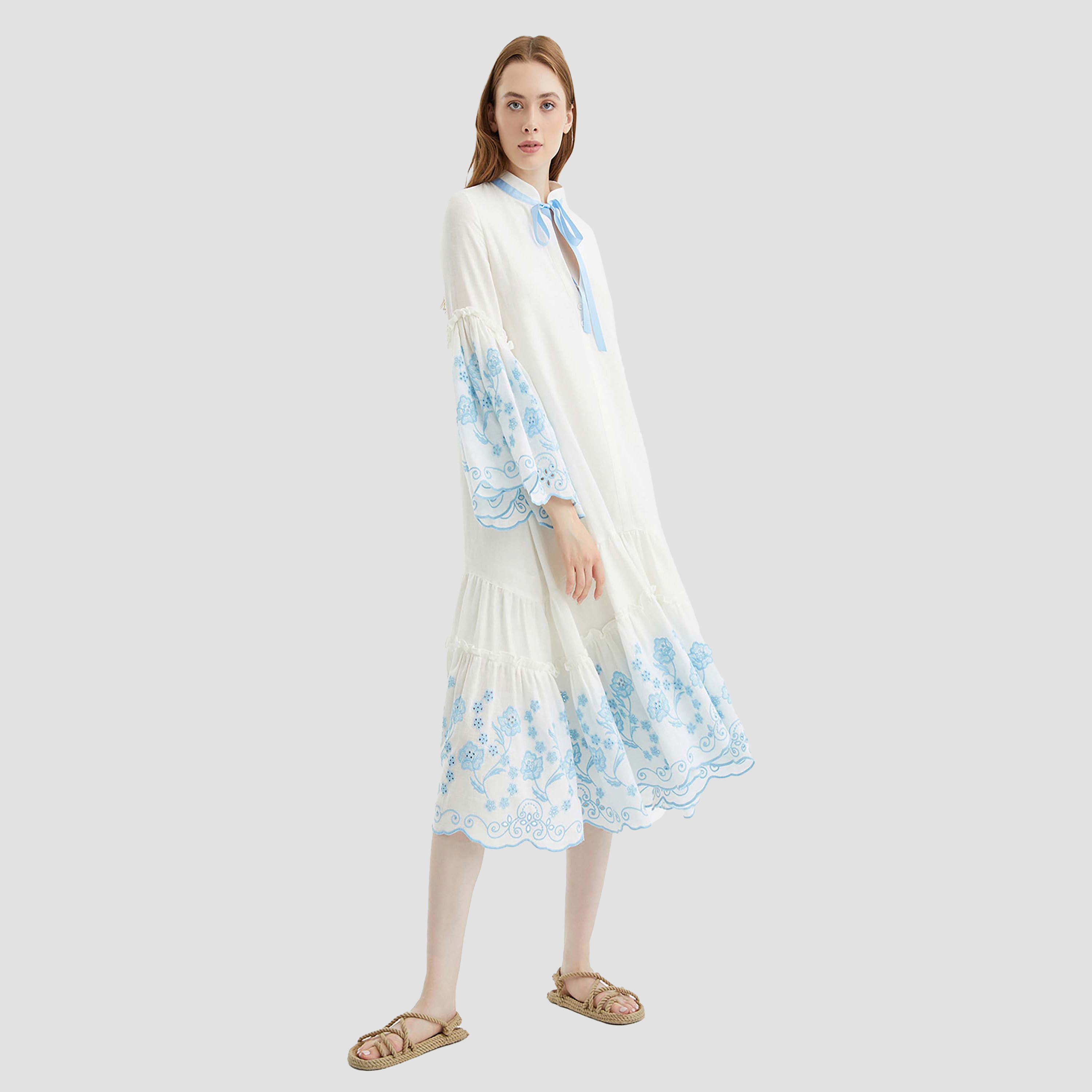 Nocturne Schiffli Tie-Up Neck Flounce Sleeves Tiered White Women's Midi Dress-women-clothing-dresses-image-2