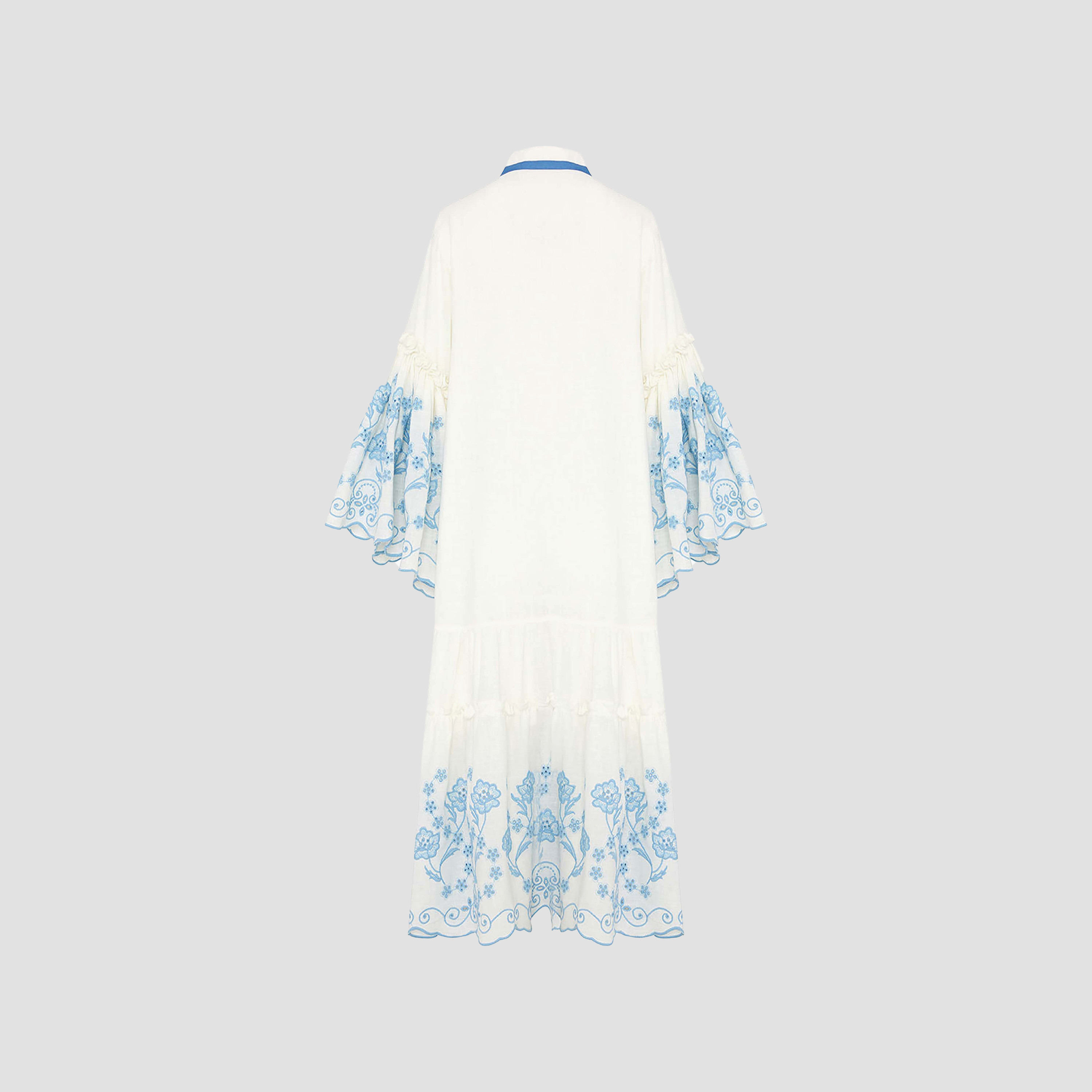 Nocturne Schiffli Tie-Up Neck Flounce Sleeves Tiered White Women's Midi Dress-women-clothing-dresses-image-3