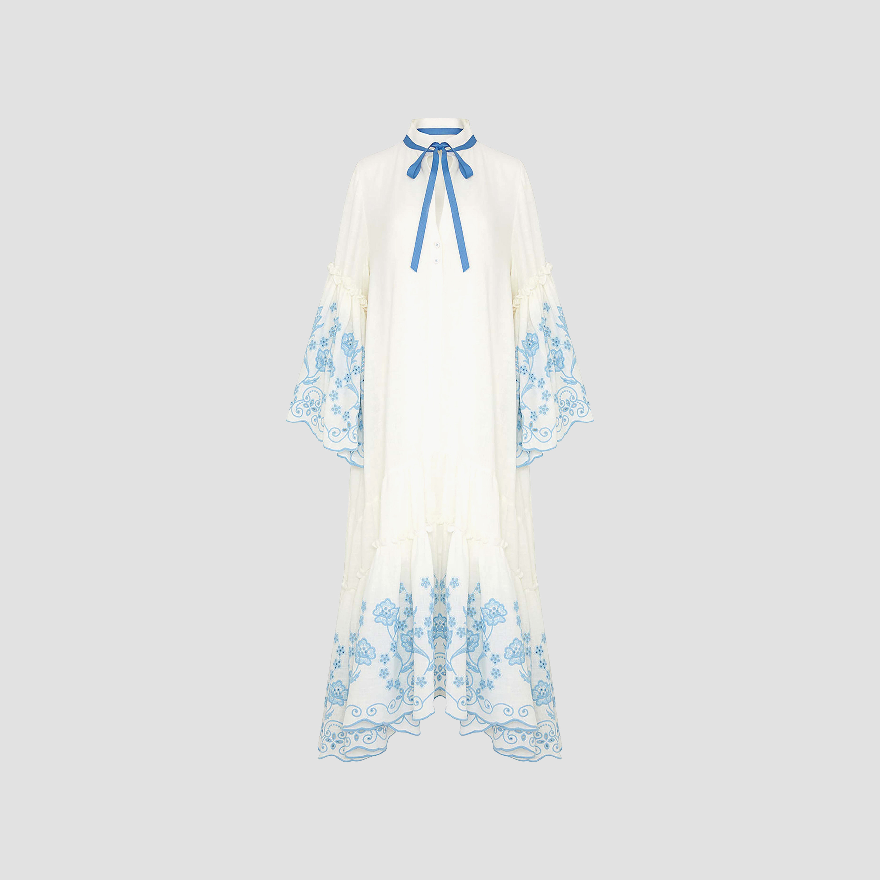 Nocturne Schiffli Tie-Up Neck Flounce Sleeves Tiered White Women's Midi Dress-women-clothing-dresses-image-4