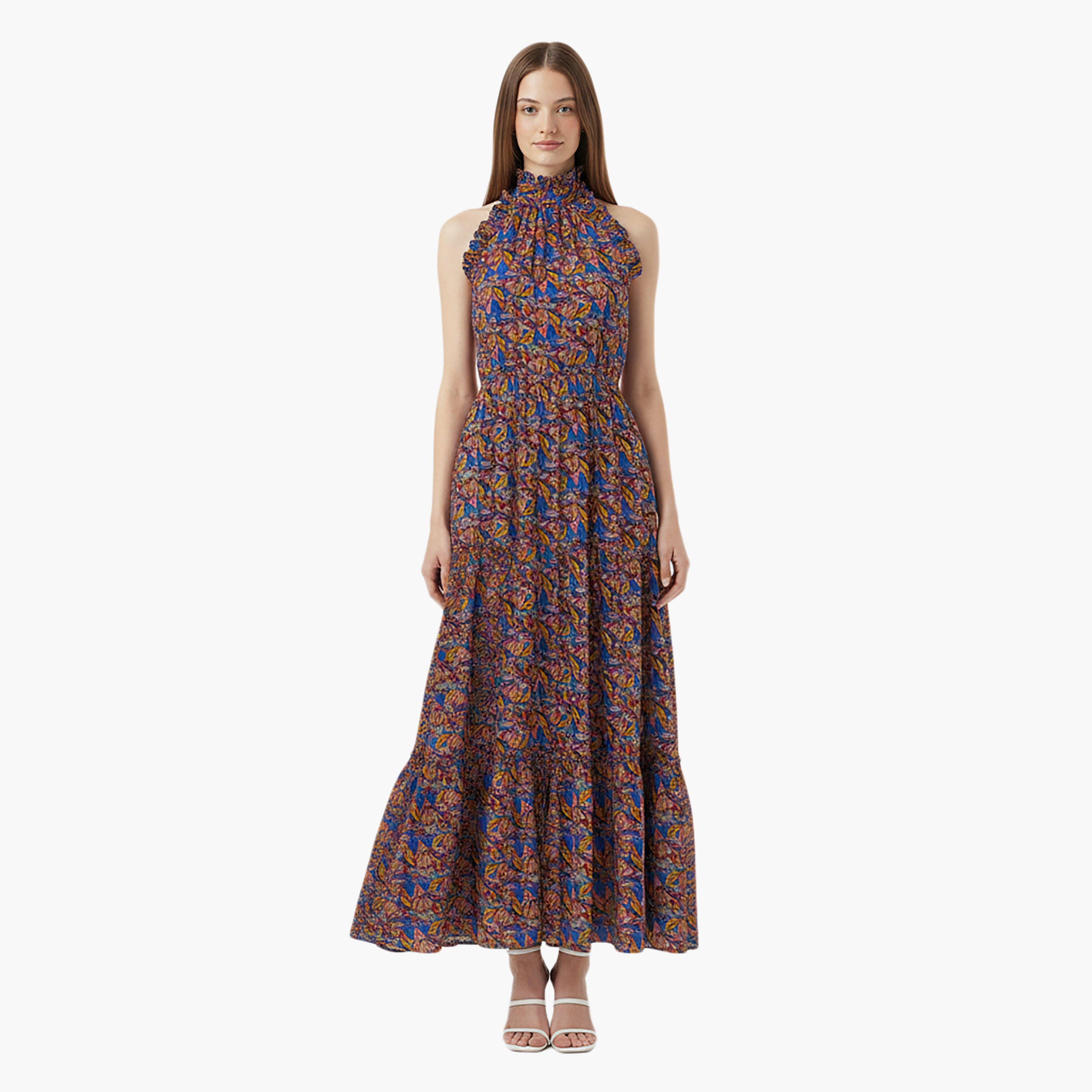 Nocturne Printed Cotton Halter Neck Tiered Multicolour Women's Maxi Dress-women-clothing-dresses-image-1