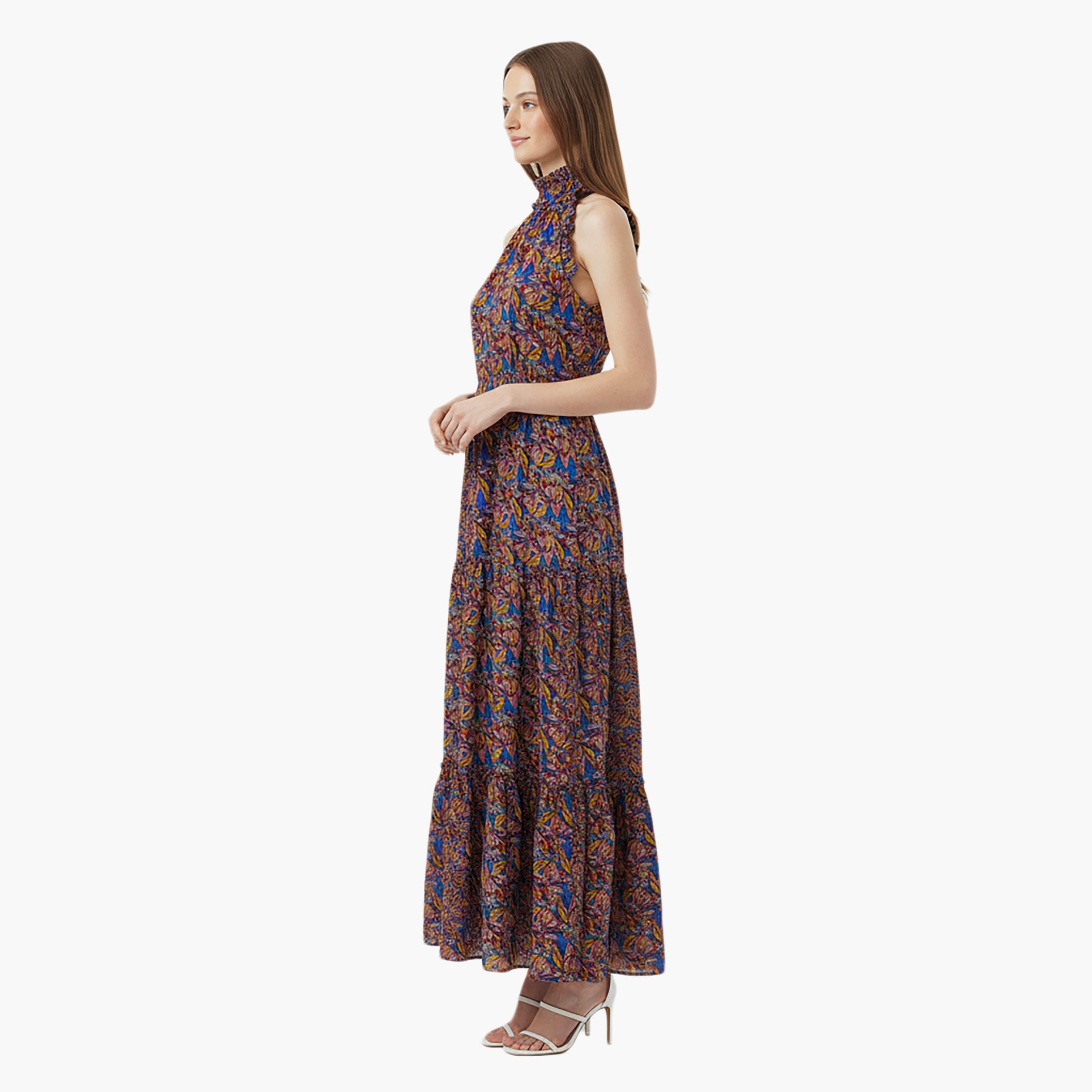 Nocturne Printed Cotton Halter Neck Tiered Multicolour Women's Maxi Dress-women-clothing-dresses-image-2