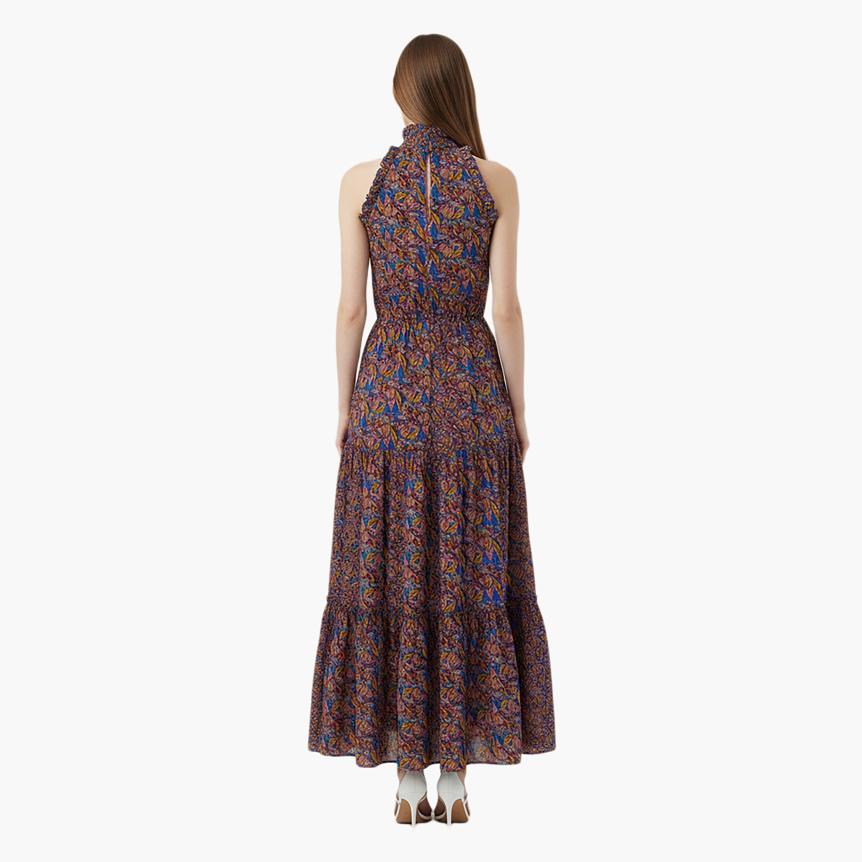 Nocturne Printed Cotton Halter Neck Tiered Multicolour Women's Maxi Dress-women-clothing-dresses-image-3