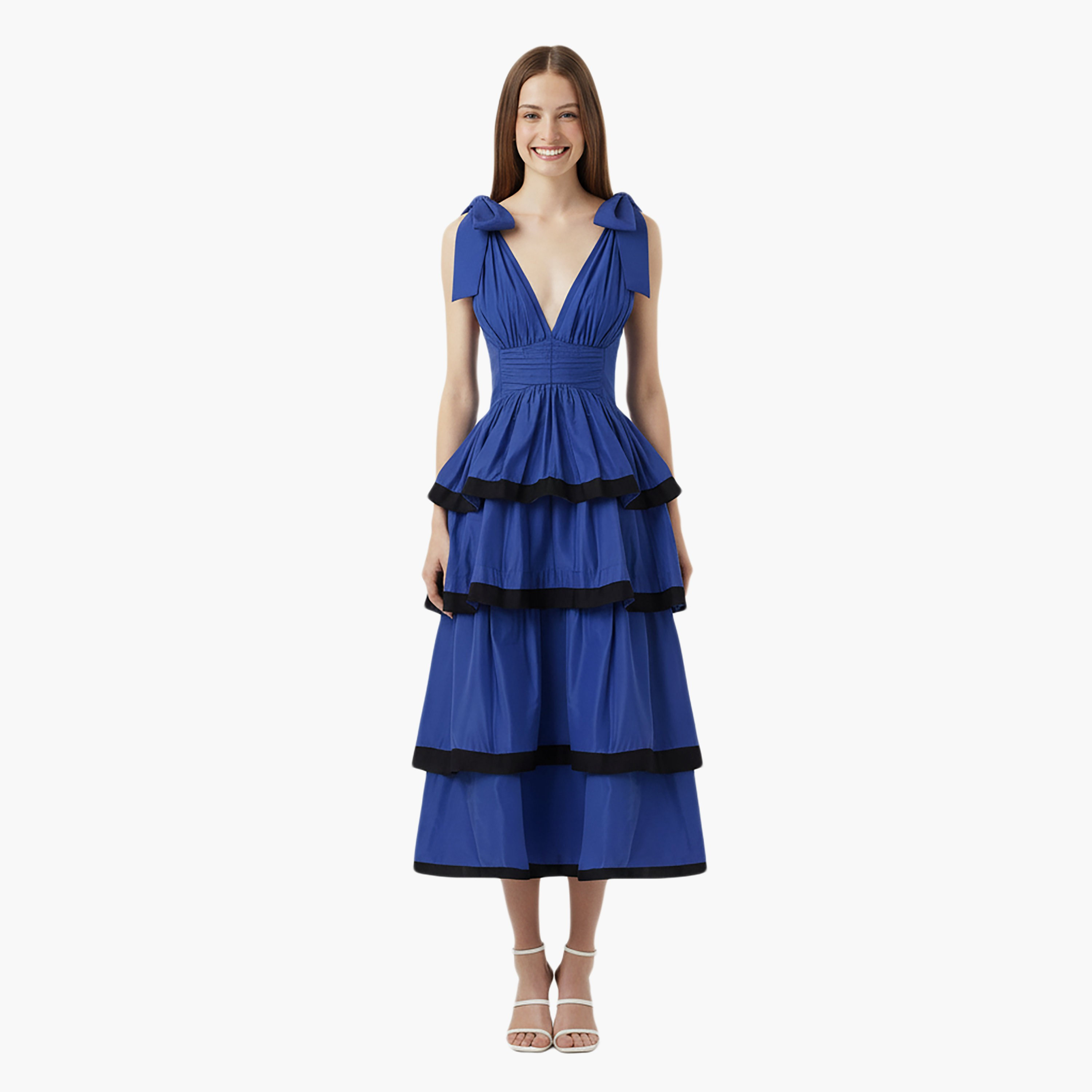 Nocturne Cotton Bow Shoulder Straps Tiered Blue Women's Mini Dress-women-clothing-dresses-image-1