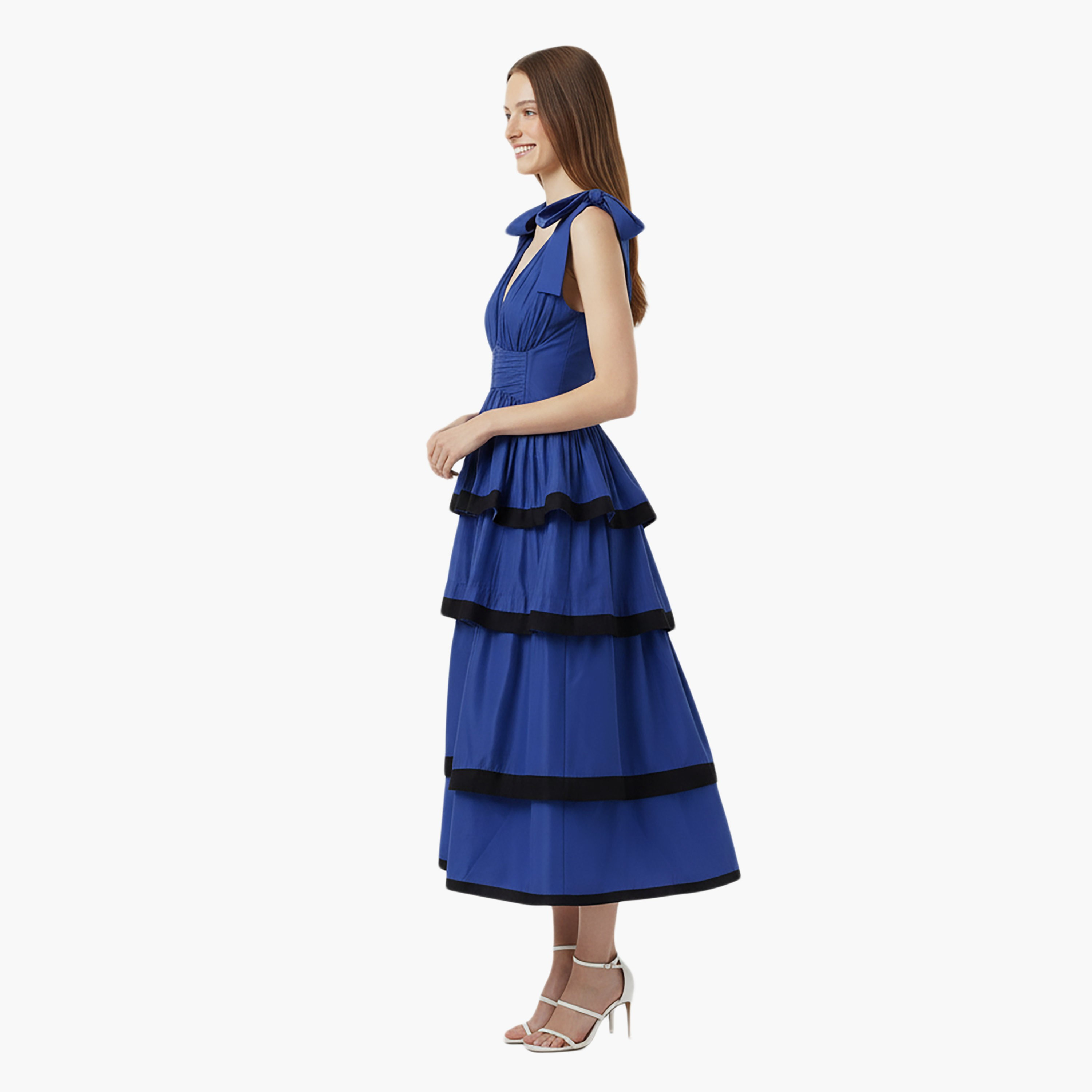 Nocturne Cotton Bow Shoulder Straps Tiered Blue Women's Mini Dress-women-clothing-dresses-image-2