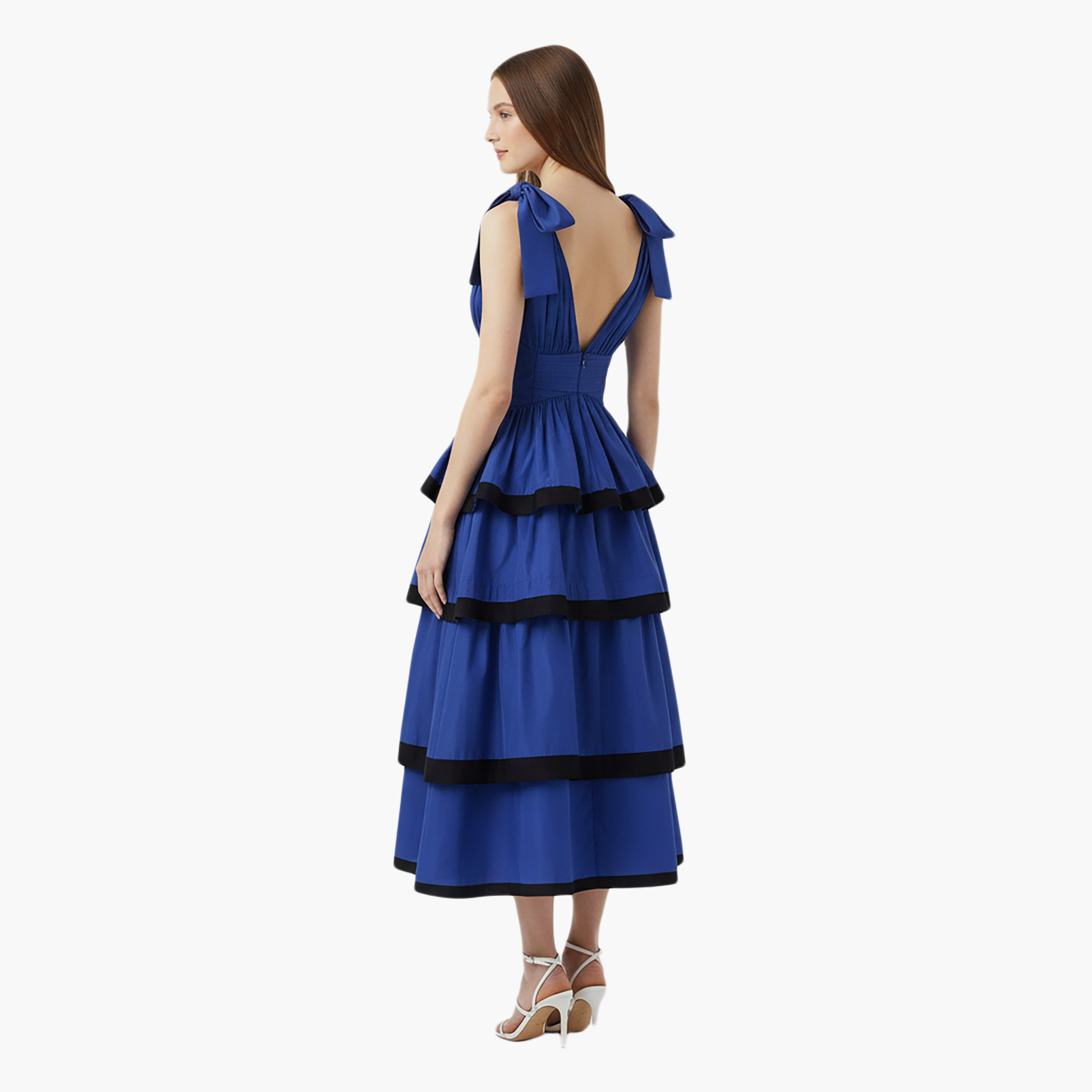 Nocturne Cotton Bow Shoulder Straps Tiered Blue Women's Mini Dress-women-clothing-dresses-image-3