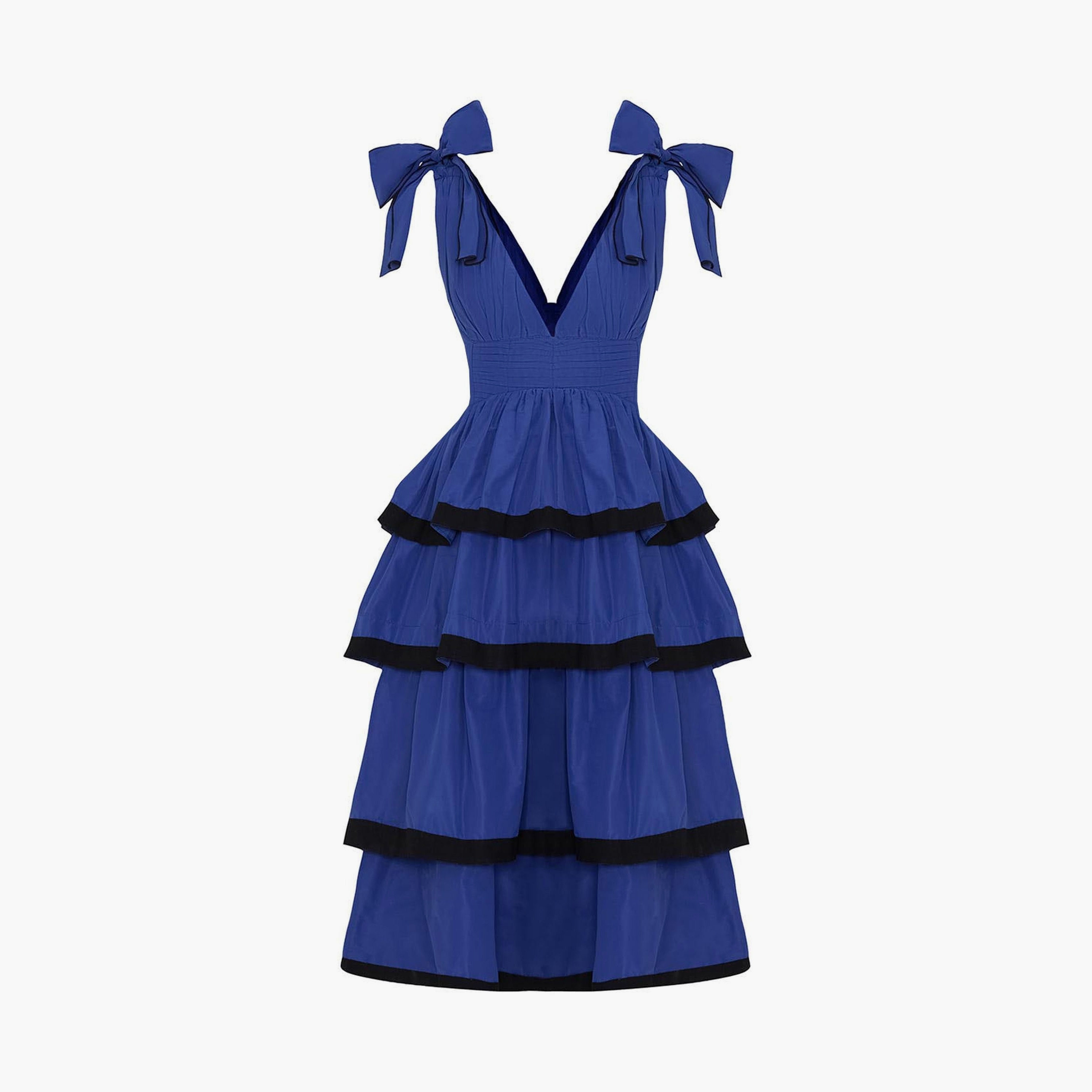 Nocturne Cotton Bow Shoulder Straps Tiered Blue Women's Mini Dress-women-clothing-dresses-image-5