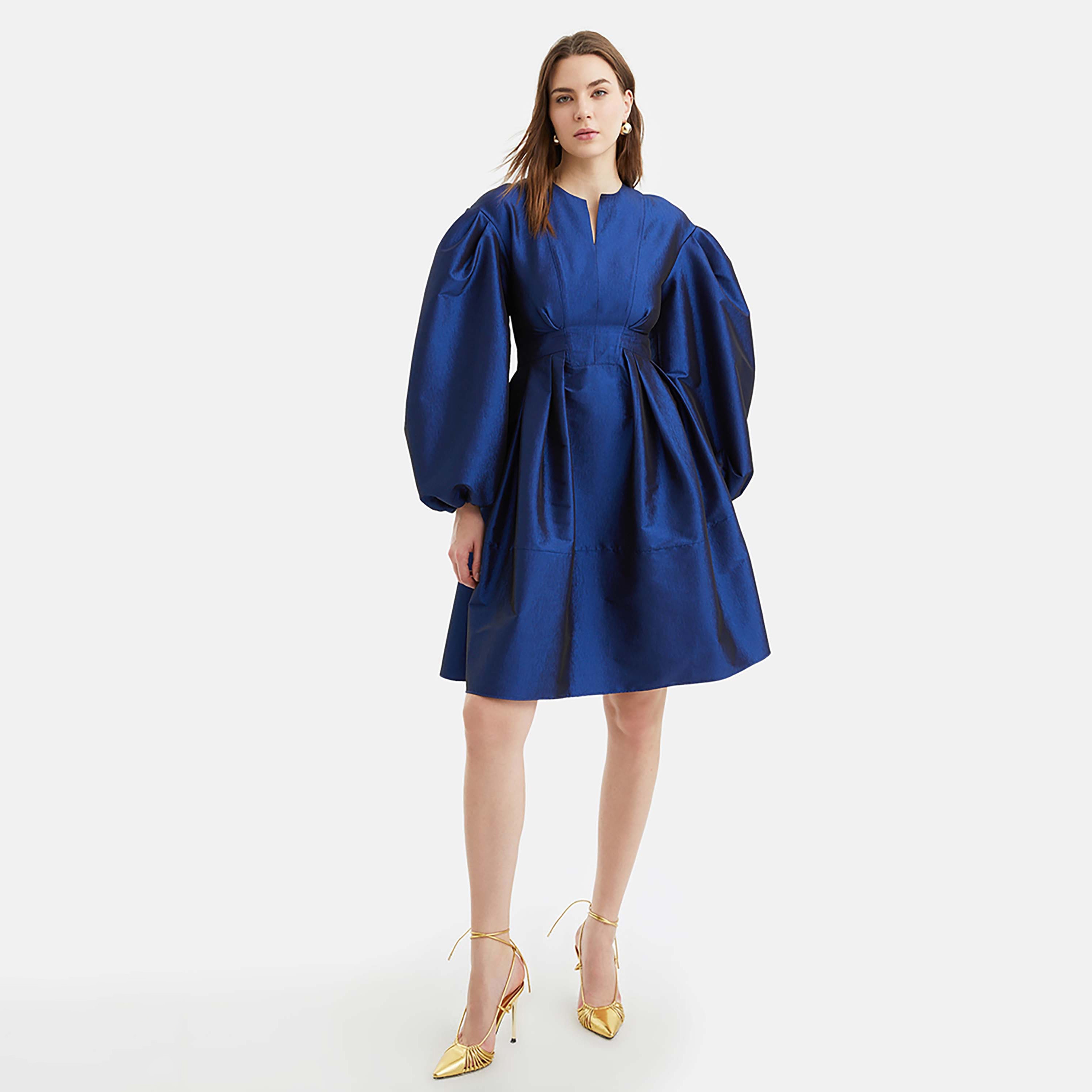 Nocturne Balloon Sleeves Skater Royal Blue Women's Knee Length Dress-women-clothing-dresses-image-1