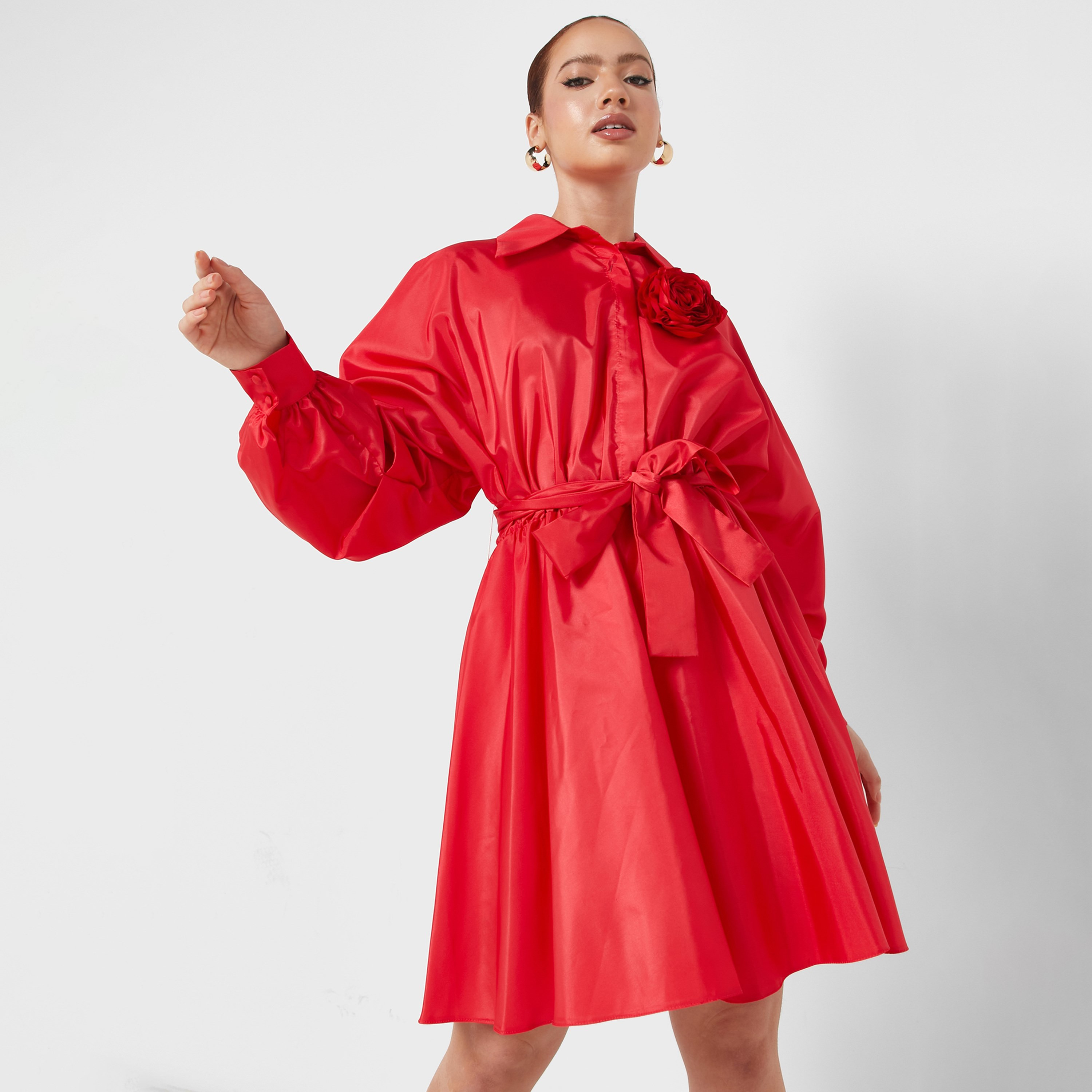 Nocturne Collared Balloon Sleeves Shirt Red Women's Knee Length Dress-women-clothing-dresses-image-1