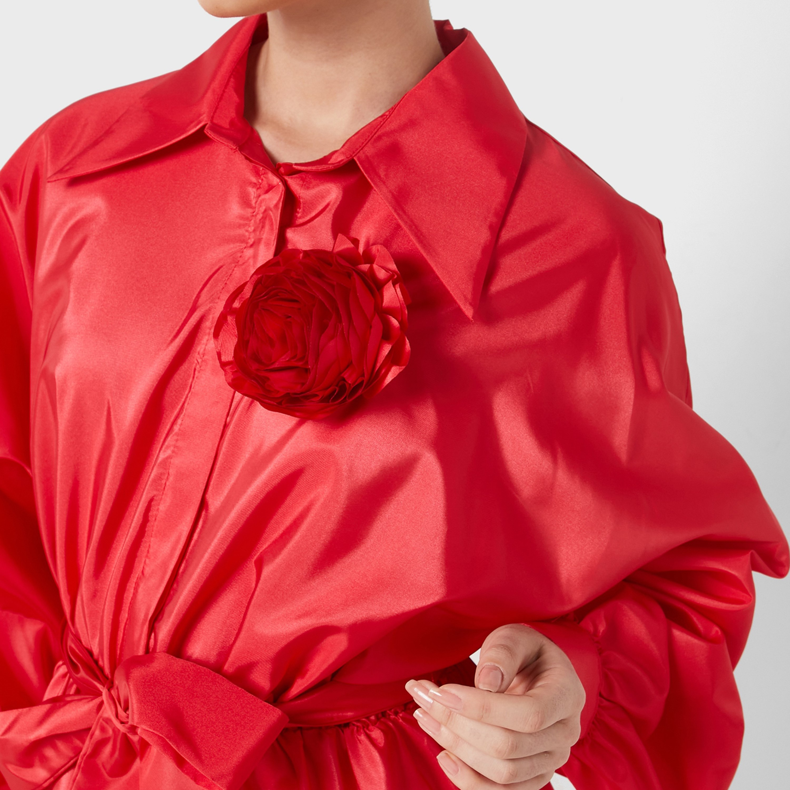 Nocturne Collared Balloon Sleeves Shirt Red Women's Knee Length Dress-women-clothing-dresses-image-3