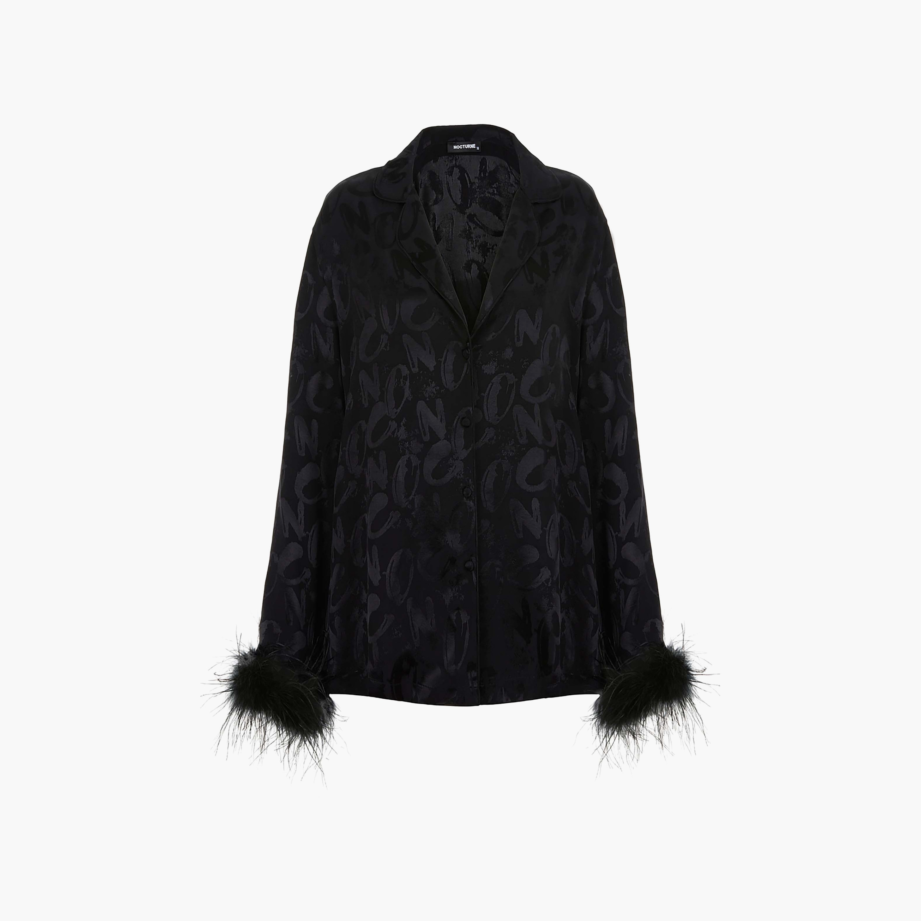 Nocturne Typographic Notch Collar Feather Cuffs Black Women's Blazer-women-clothing-coatsandjackets-blazers-image-1