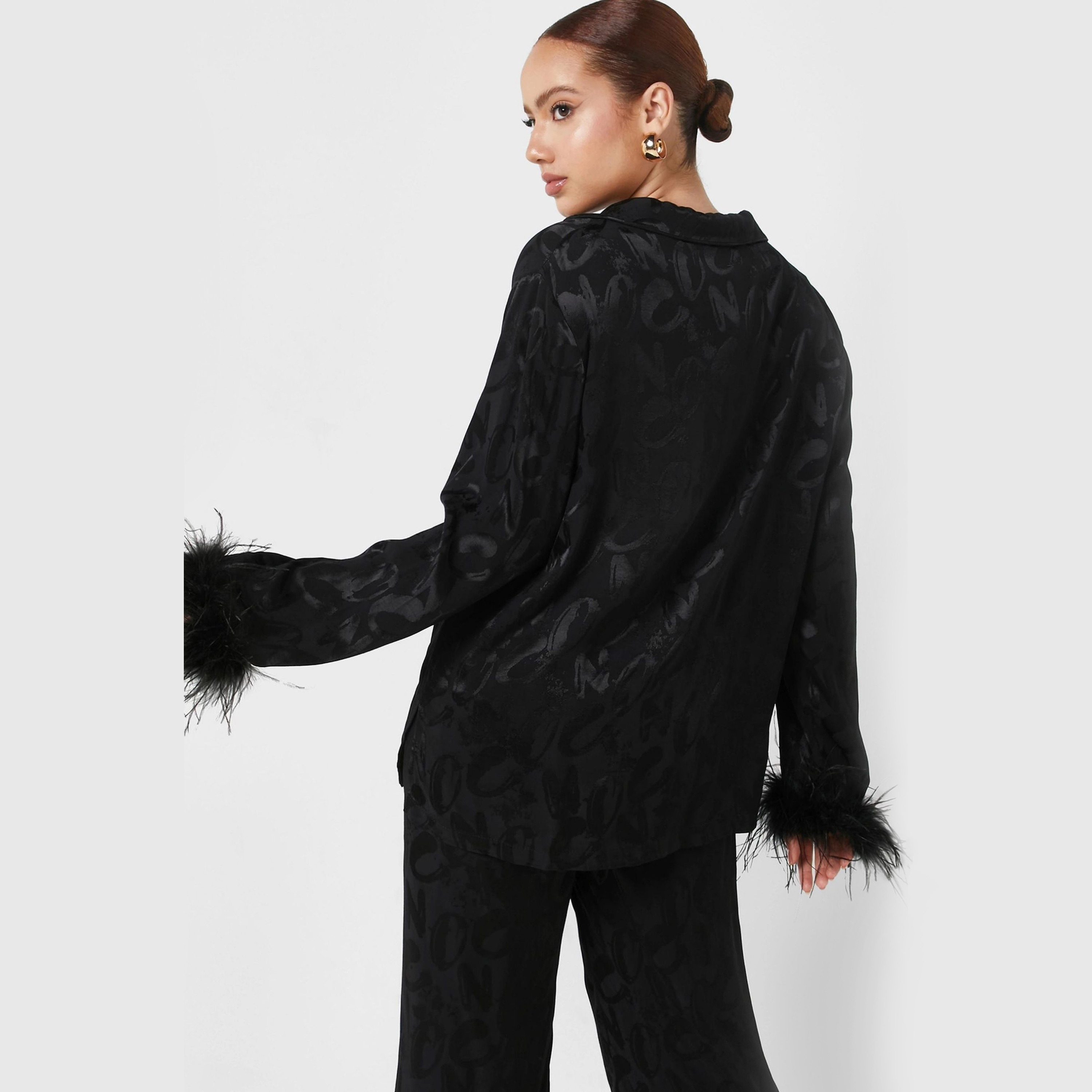 Nocturne Typographic Notch Collar Feather Cuffs Black Women's Blazer-women-clothing-coatsandjackets-blazers-image-2