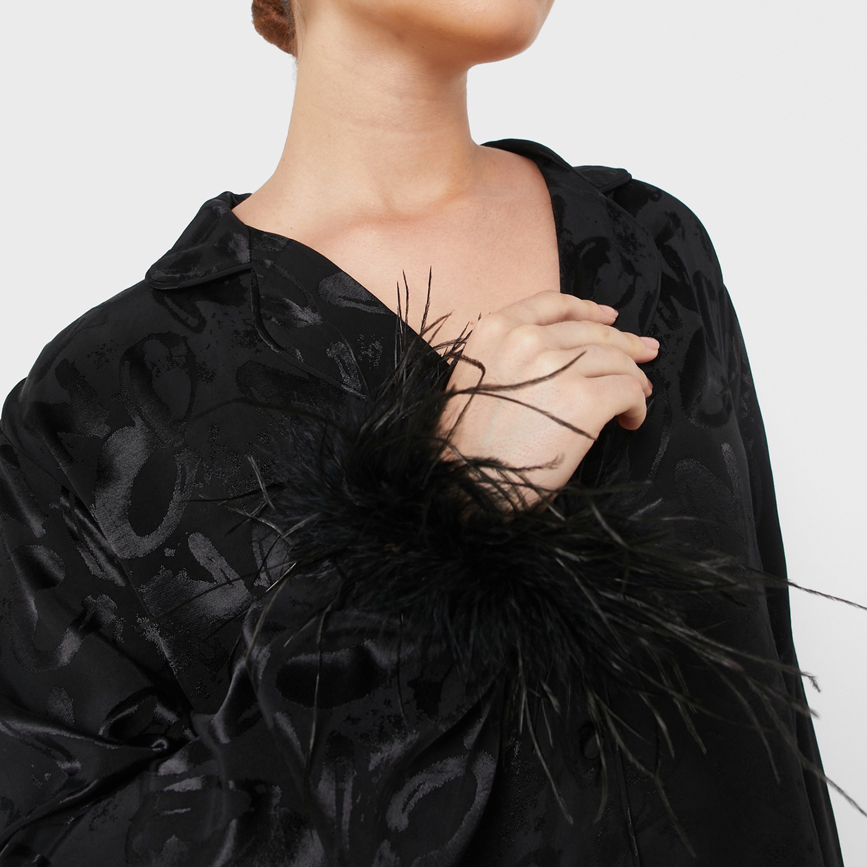 Nocturne Typographic Notch Collar Feather Cuffs Black Women's Blazer-women-clothing-coatsandjackets-blazers-image-3