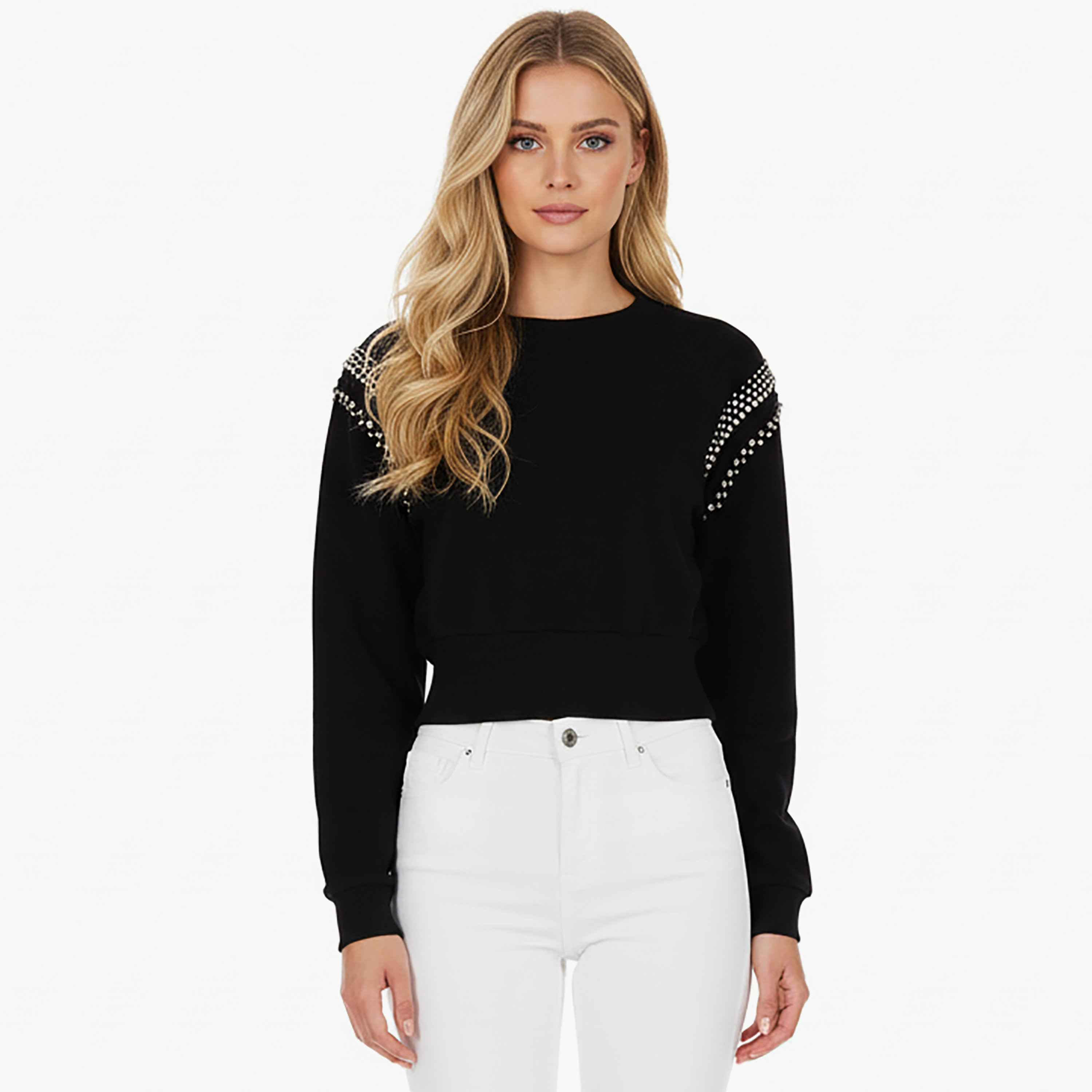Nocturne Rhinestone Black Women's Crop Sweatshirt-women-clothing-hoodiesandsweatshirts-sweatshirts-image-1