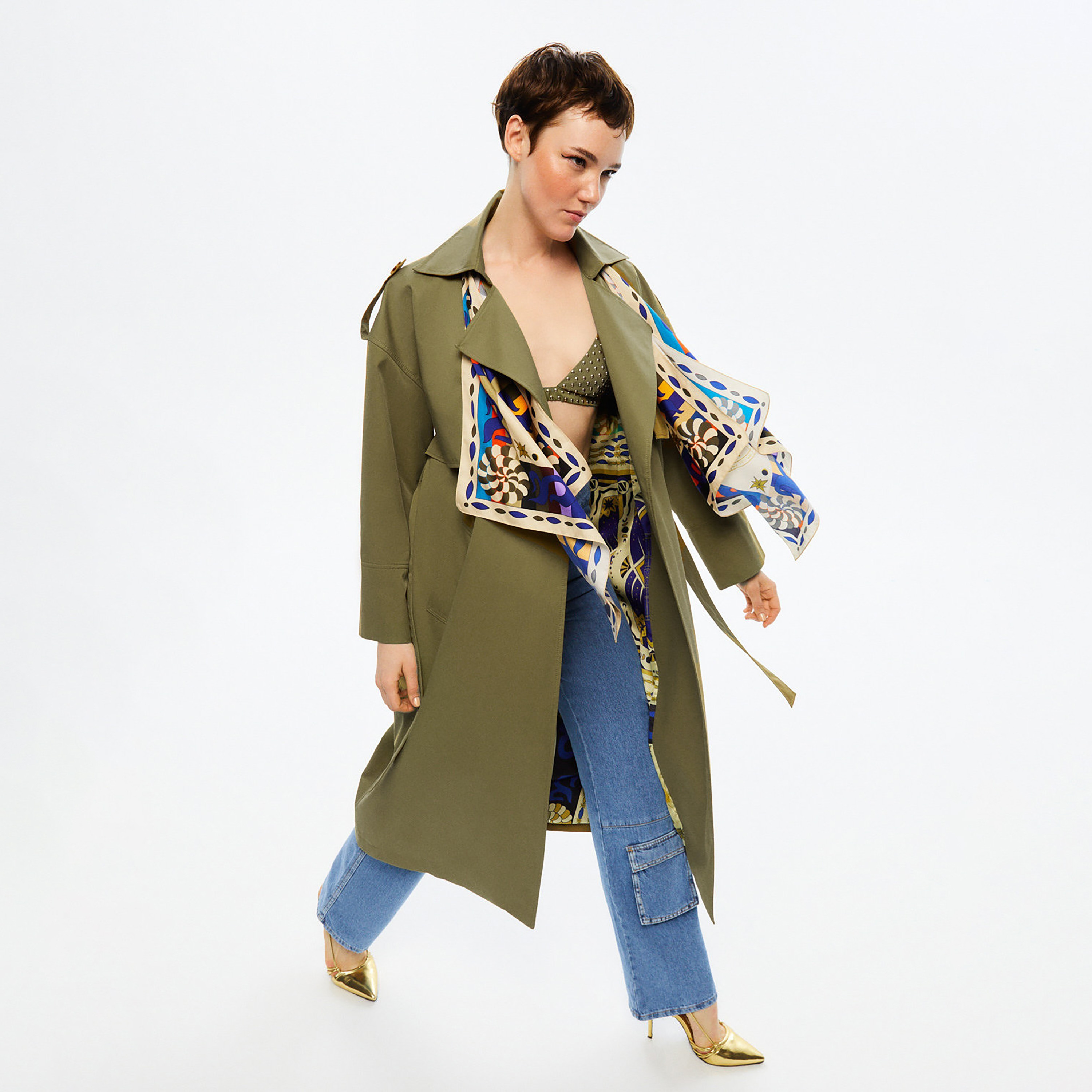 معطف ترنش نسائي أخضر زيتوني بياقة منفوخة من نوكترن-women-winterwear-coatsandjackets-coats-image-2