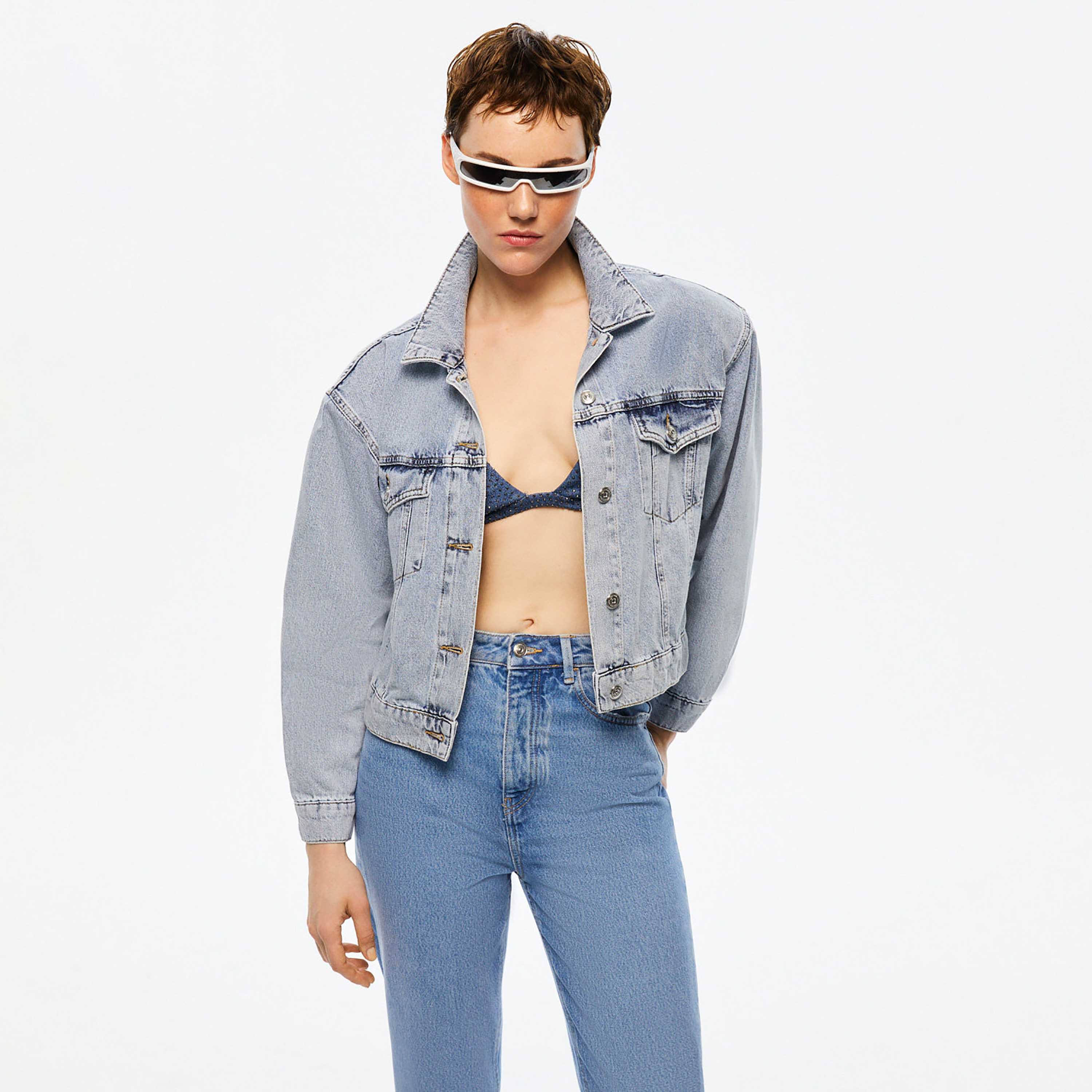 Nocturne Rhinestone Detailed Cotton Collared Light Blue Women's Denim Jacket-women-winterwear-coatsandjackets-jackets-image-2