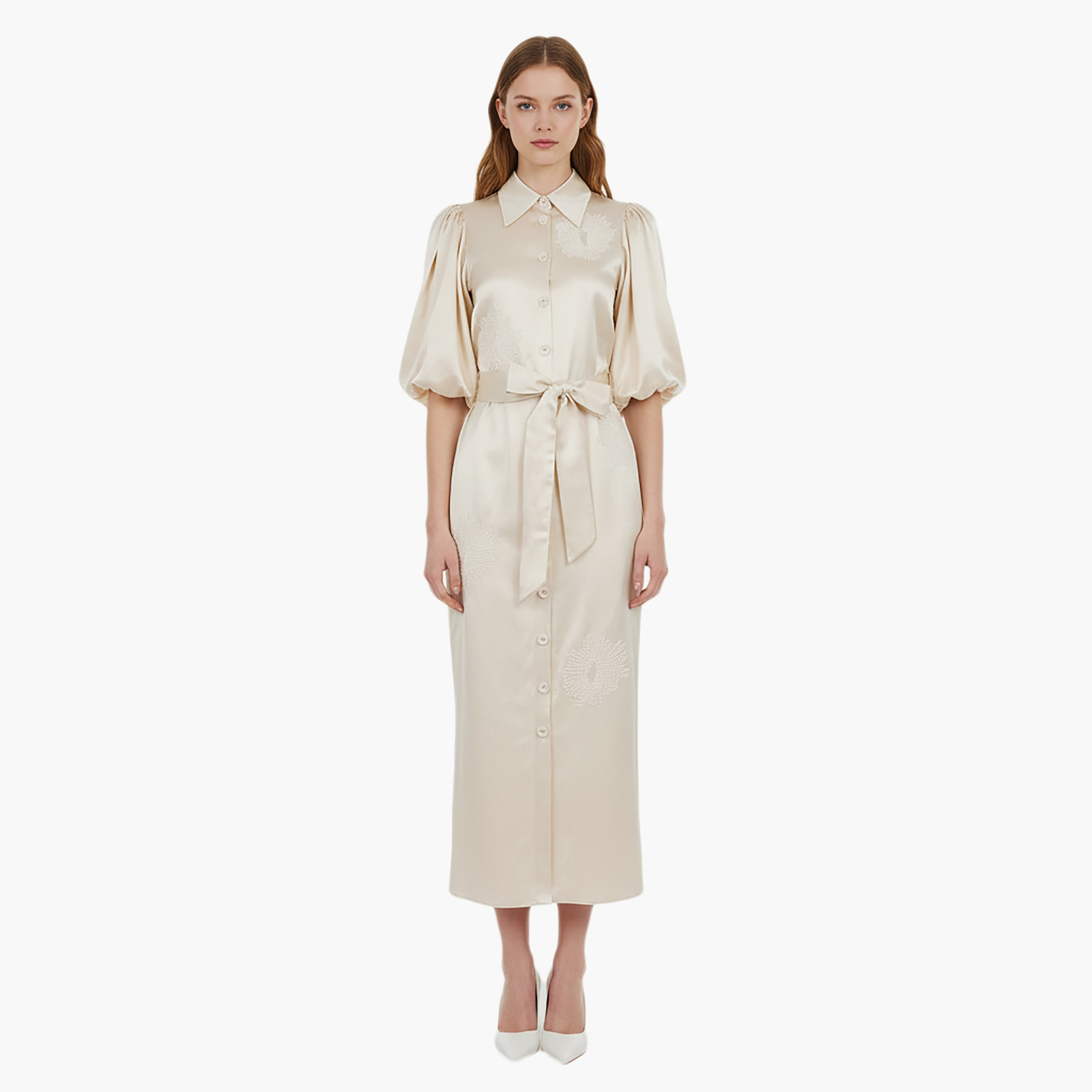 فستان ماكسي نسائي كريمي بأكمام منفوخة وياقة من الخرز من نوكترن-women-clothing-dresses-image-1