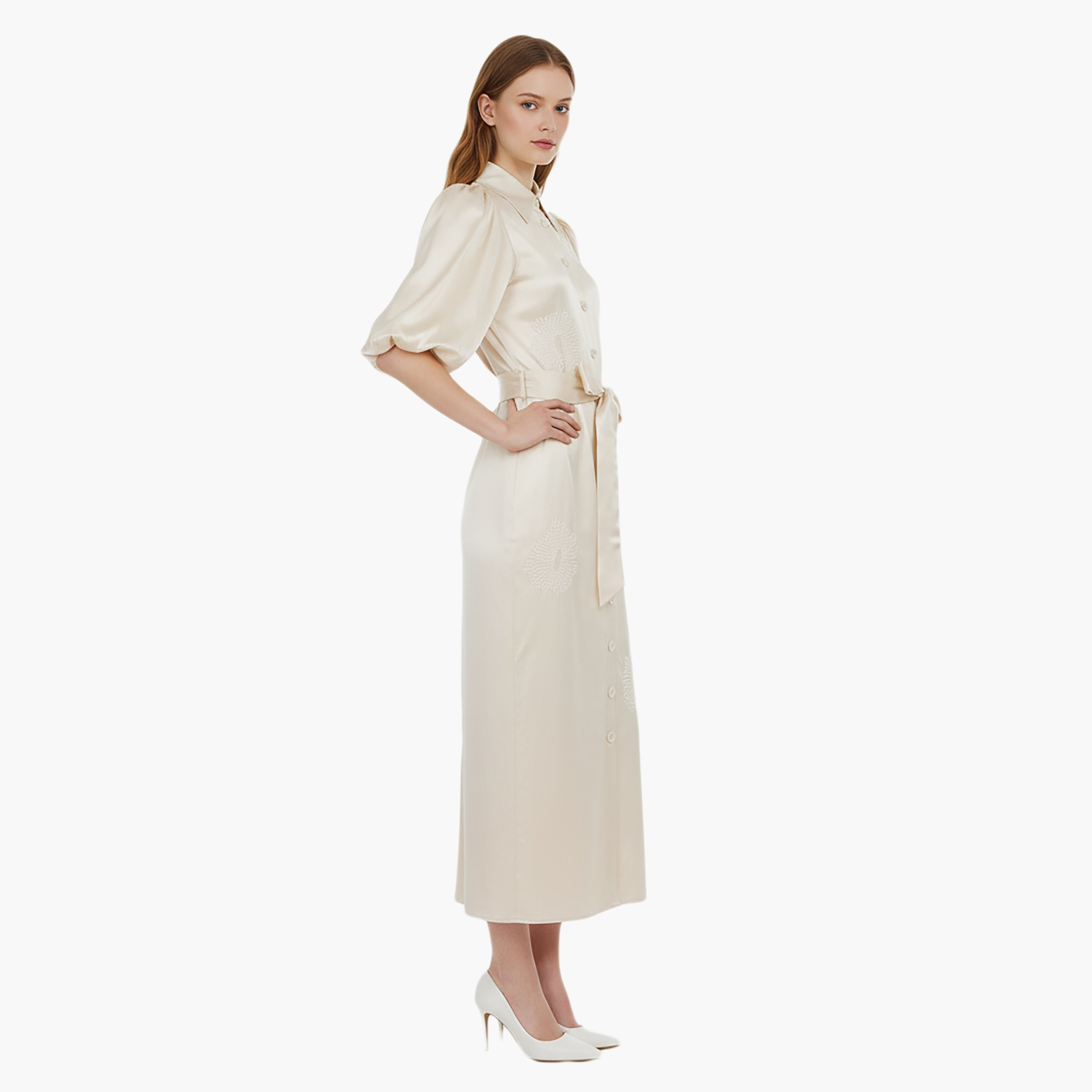 فستان ماكسي نسائي كريمي بأكمام منفوخة وياقة من الخرز من نوكترن-women-clothing-dresses-image-2