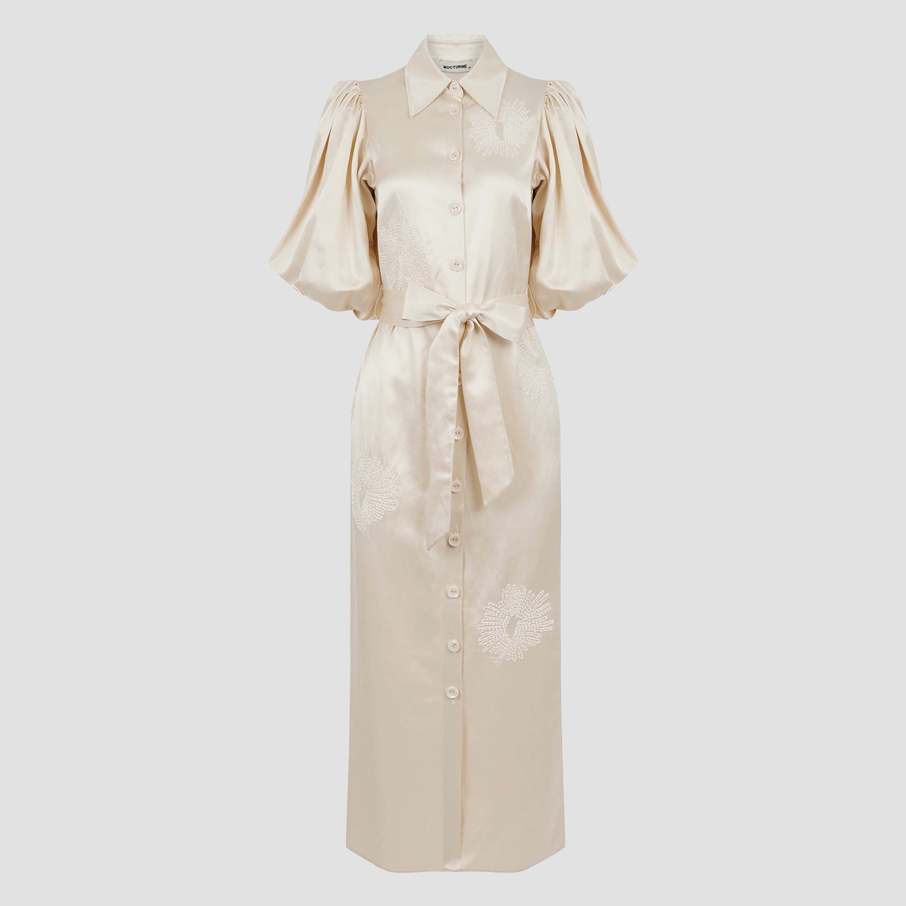 فستان ماكسي نسائي كريمي بأكمام منفوخة وياقة من الخرز من نوكترن-women-clothing-dresses-image-4