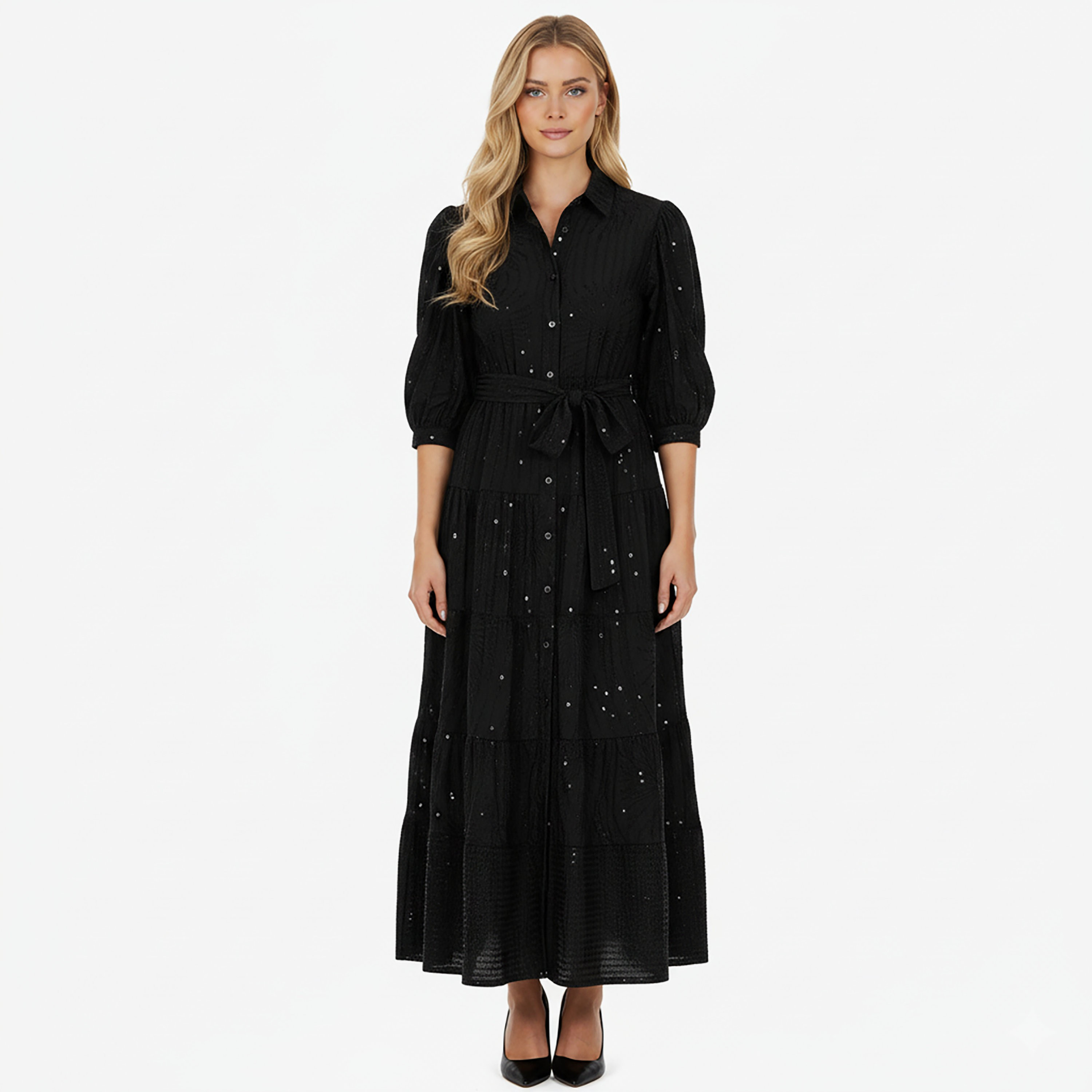فستان سهرة نسائي متوسط ​​الطول بقميص بأكمام منفوخة وياقة مزينة بالترتر من نوكترن-women-clothing-dresses-image-1