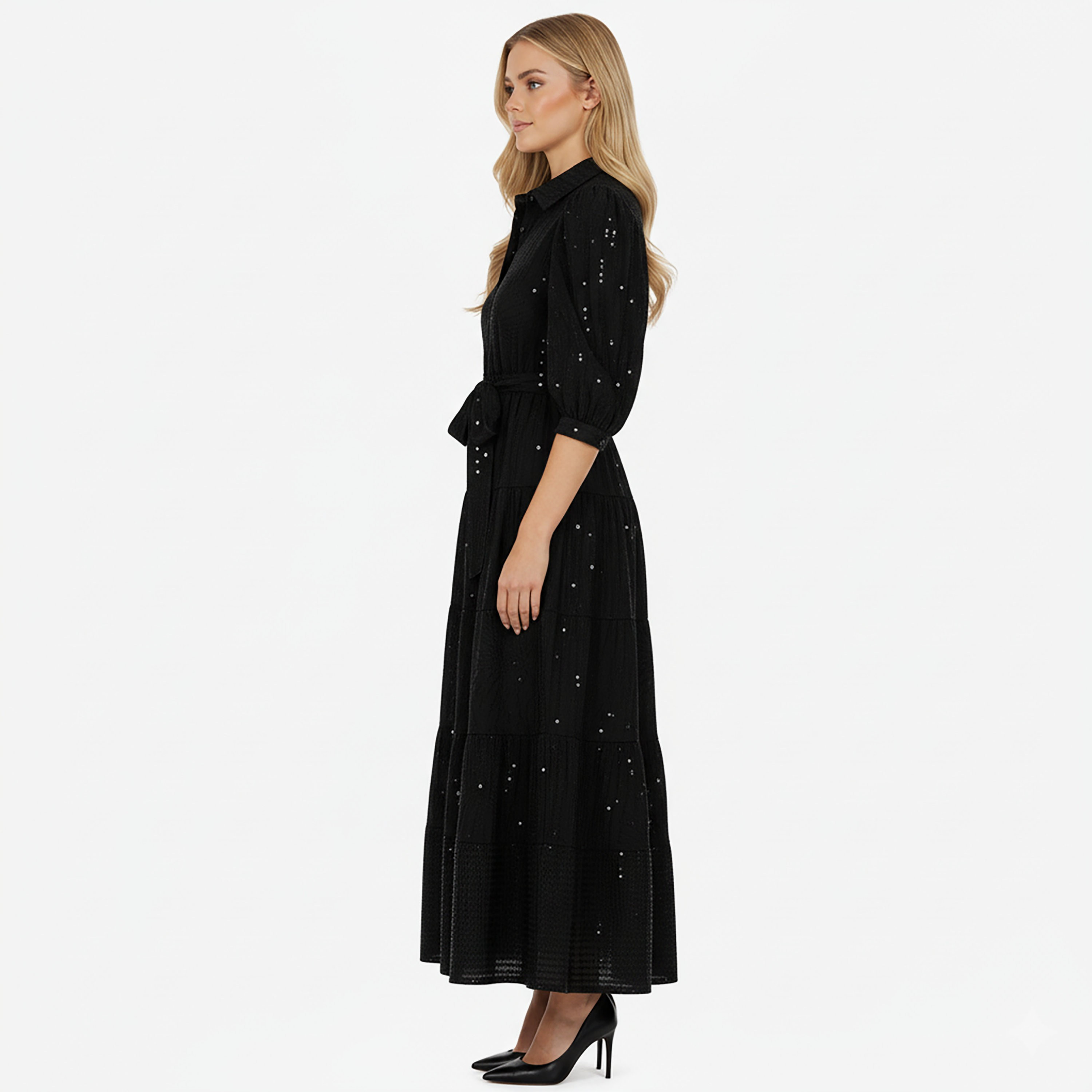 فستان سهرة نسائي متوسط ​​الطول بقميص بأكمام منفوخة وياقة مزينة بالترتر من نوكترن-women-clothing-dresses-image-2