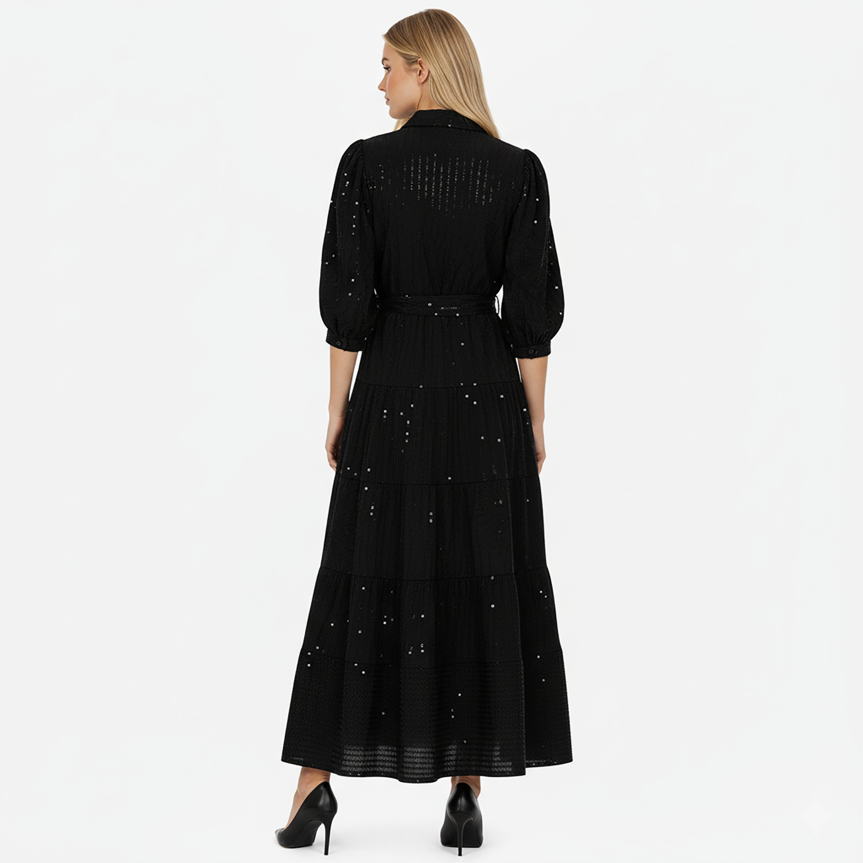 فستان سهرة نسائي متوسط ​​الطول بقميص بأكمام منفوخة وياقة مزينة بالترتر من نوكترن-women-clothing-dresses-image-3