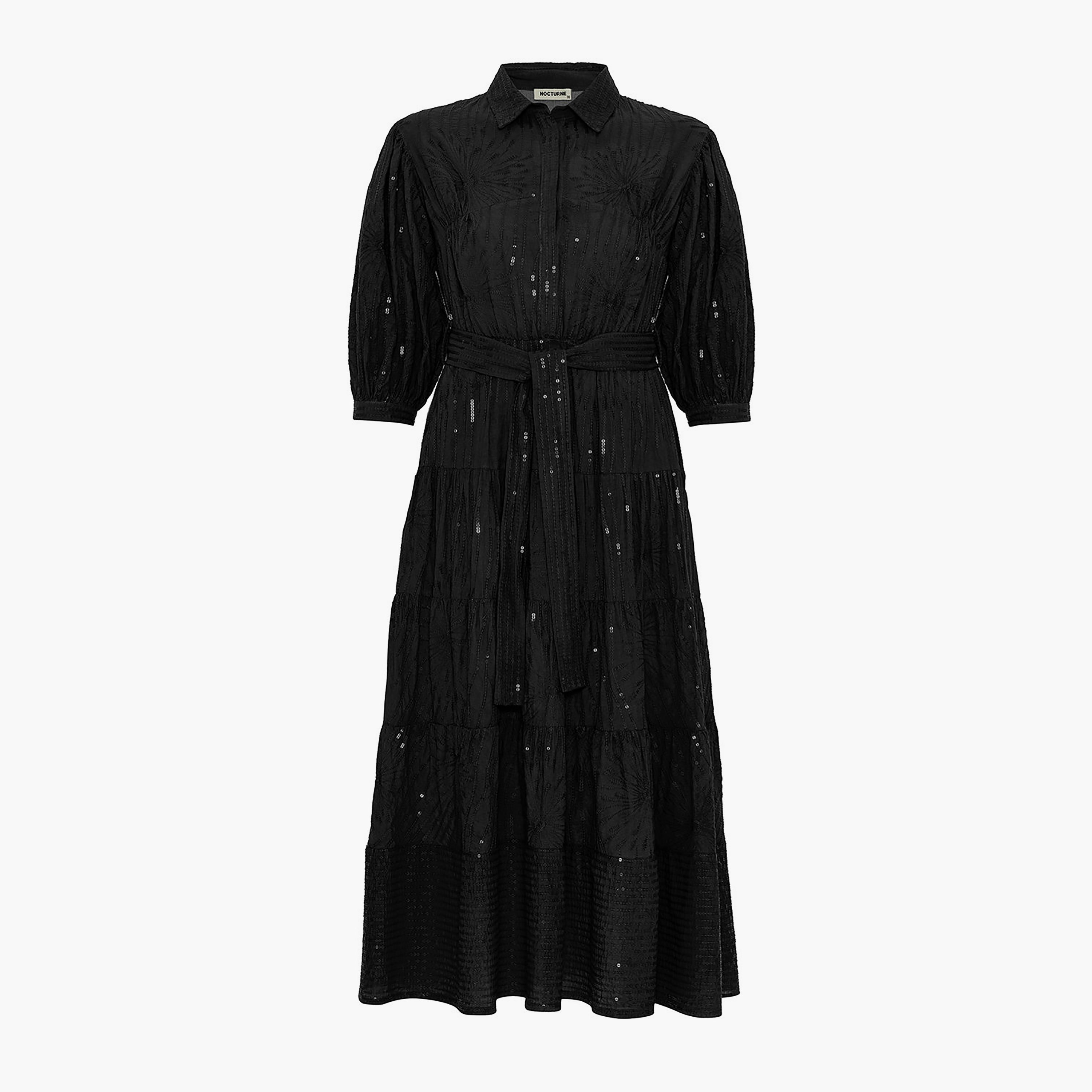 فستان سهرة نسائي متوسط ​​الطول بقميص بأكمام منفوخة وياقة مزينة بالترتر من نوكترن-women-clothing-dresses-image-5