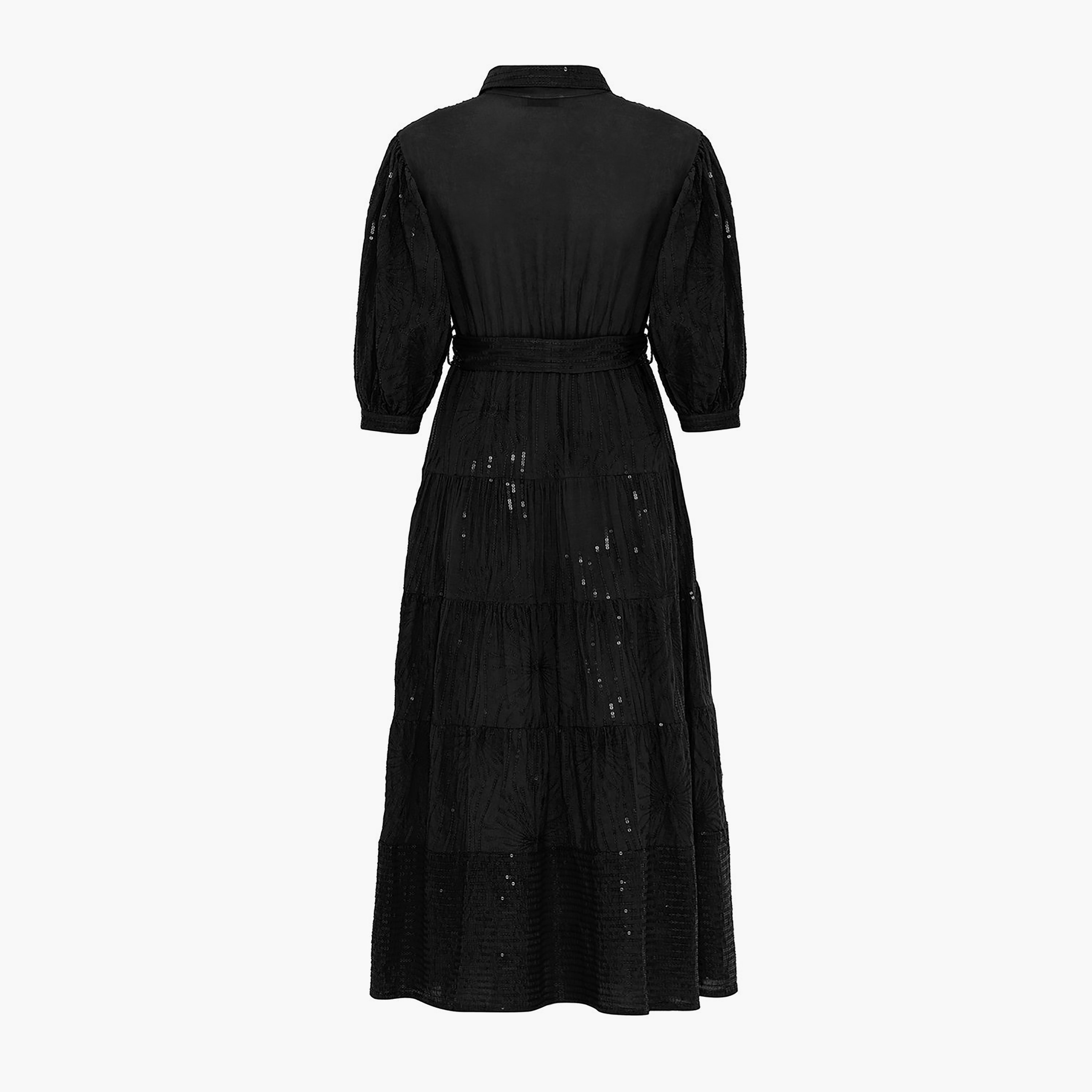 فستان سهرة نسائي متوسط ​​الطول بقميص بأكمام منفوخة وياقة مزينة بالترتر من نوكترن-women-clothing-dresses-image-6
