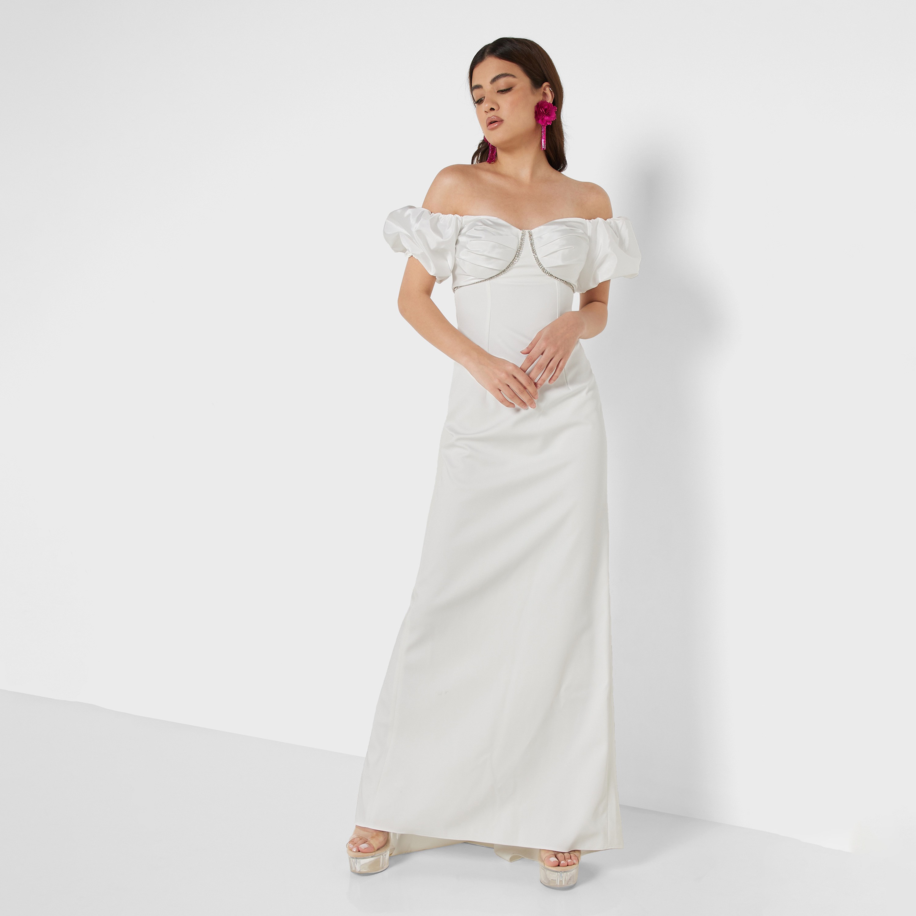 Nocturne Off-Shoulder Puff Sleeves Off-White Evening Women's Maxi Dress-women-clothing-dresses-image-1