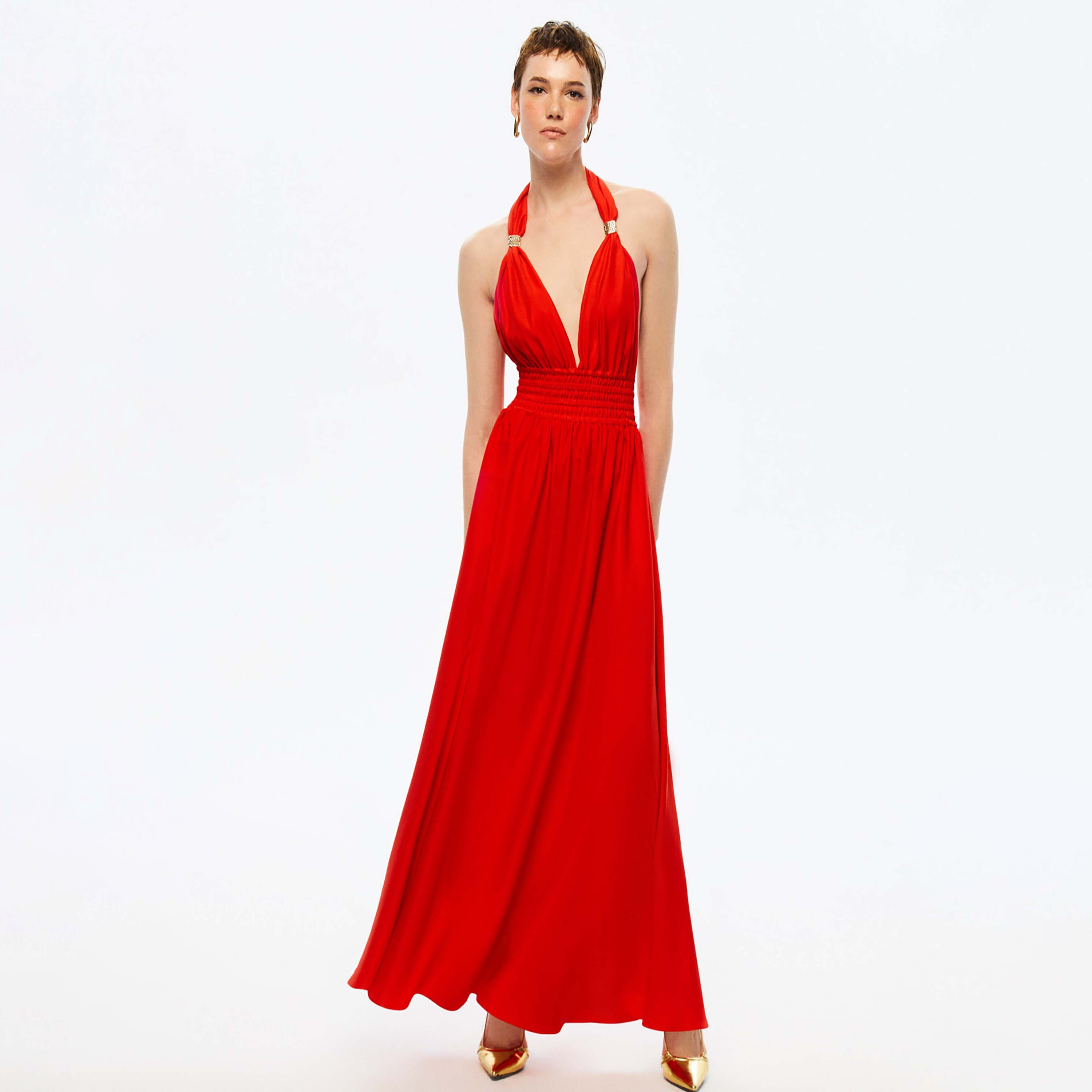 فستان ماكسي نسائي أحمر إمبراطوري بياقة منفوخة من نوكترن-women-clothing-dresses-image-1