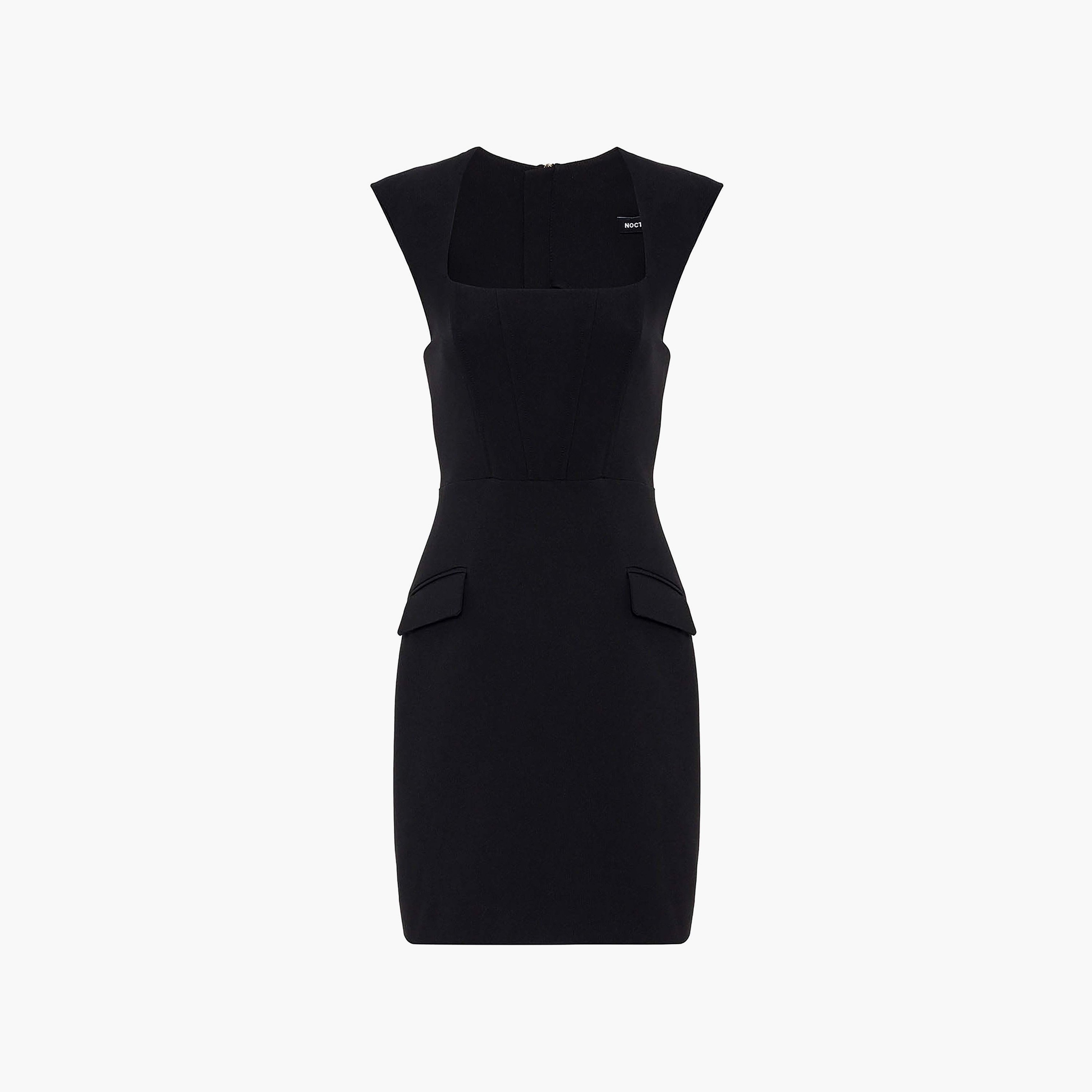 Nocturne Square Neck Cap Sleeves Bodycon Black Women's Mini Dress-women-clothing-dresses-image-1