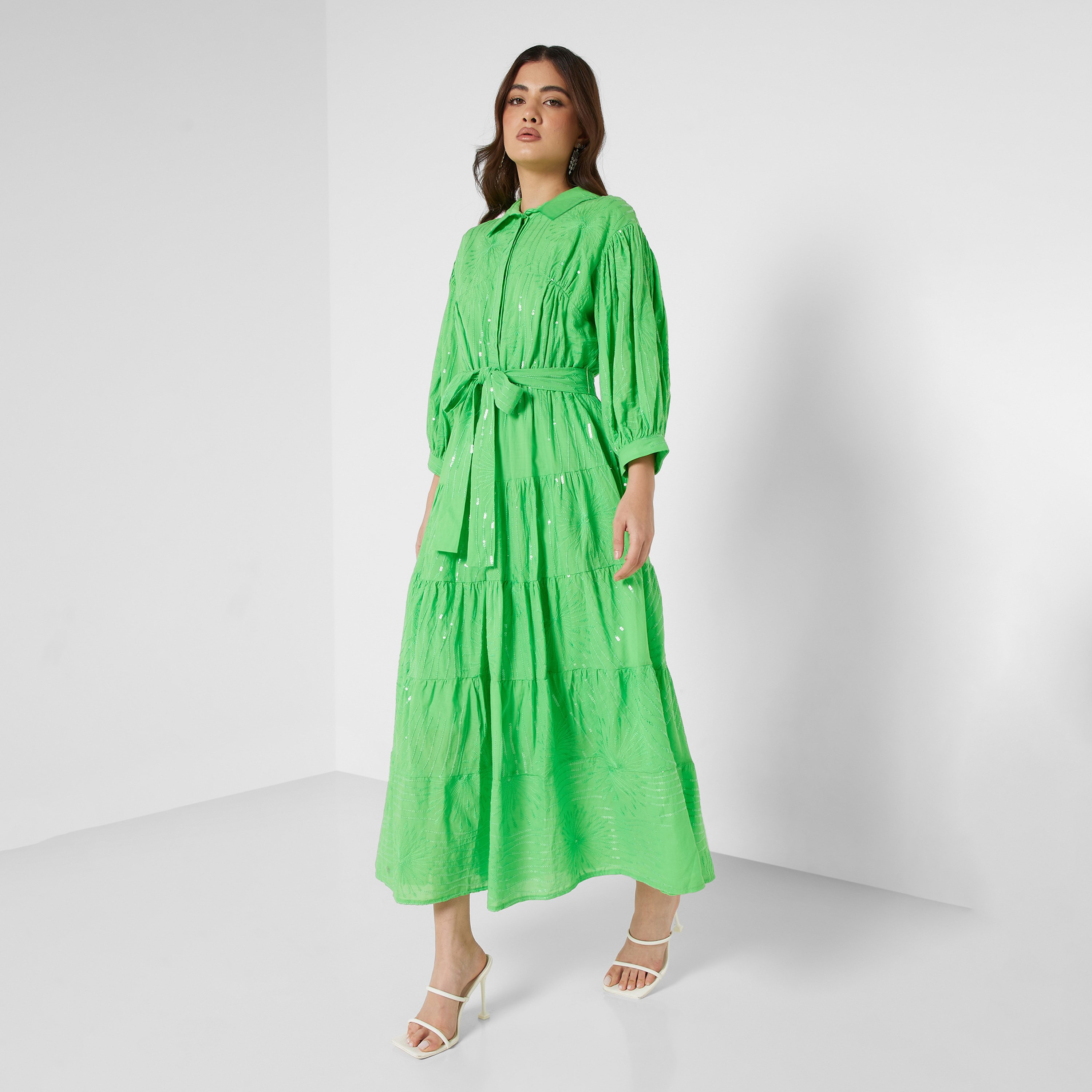 فستان نسائي متوسط الطول بأكمام منفوخة وياقة وترتر باللون الأخضر من نوكتيرن-women-clothing-dresses-image-1