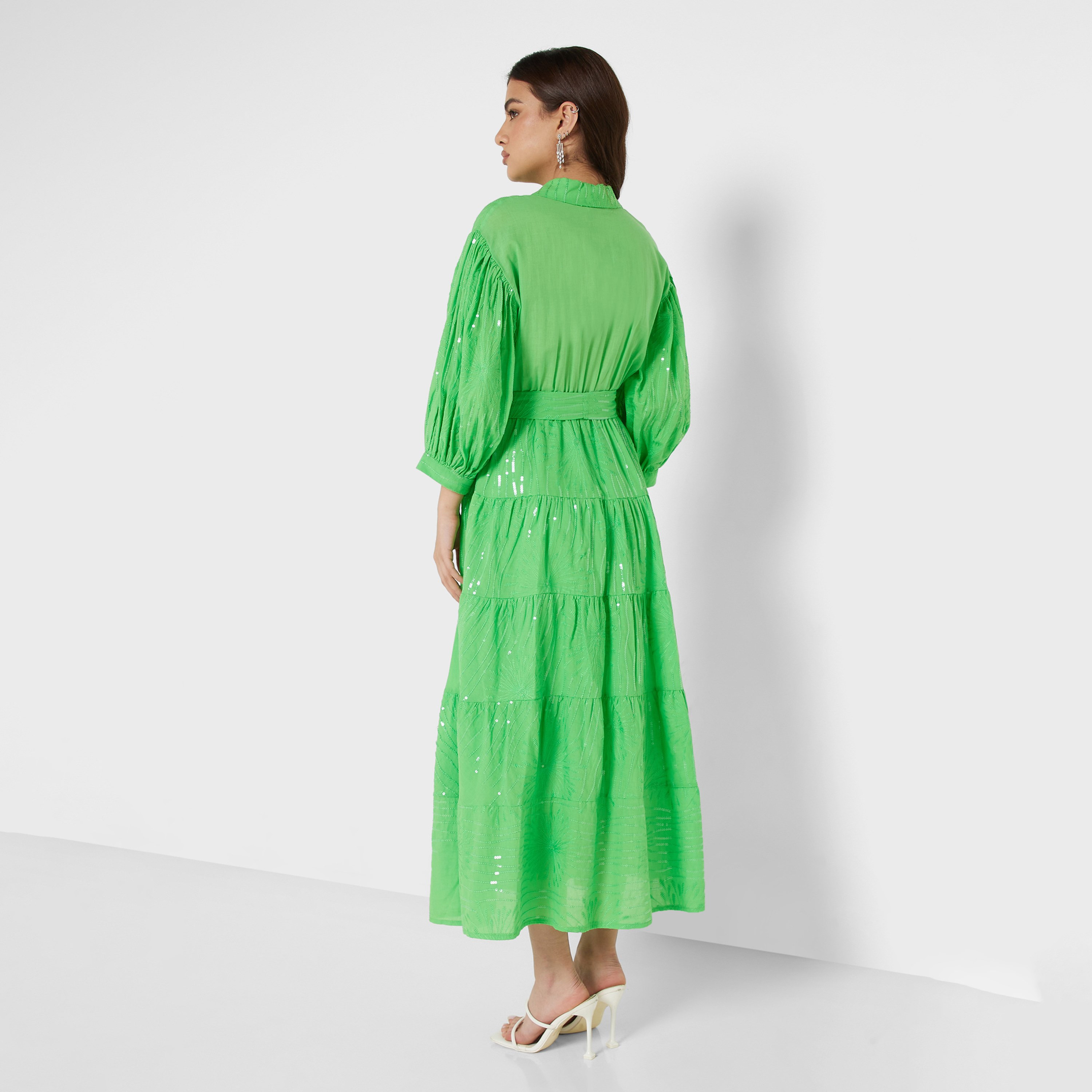 فستان نسائي متوسط الطول بأكمام منفوخة وياقة وترتر باللون الأخضر من نوكتيرن-women-clothing-dresses-image-2