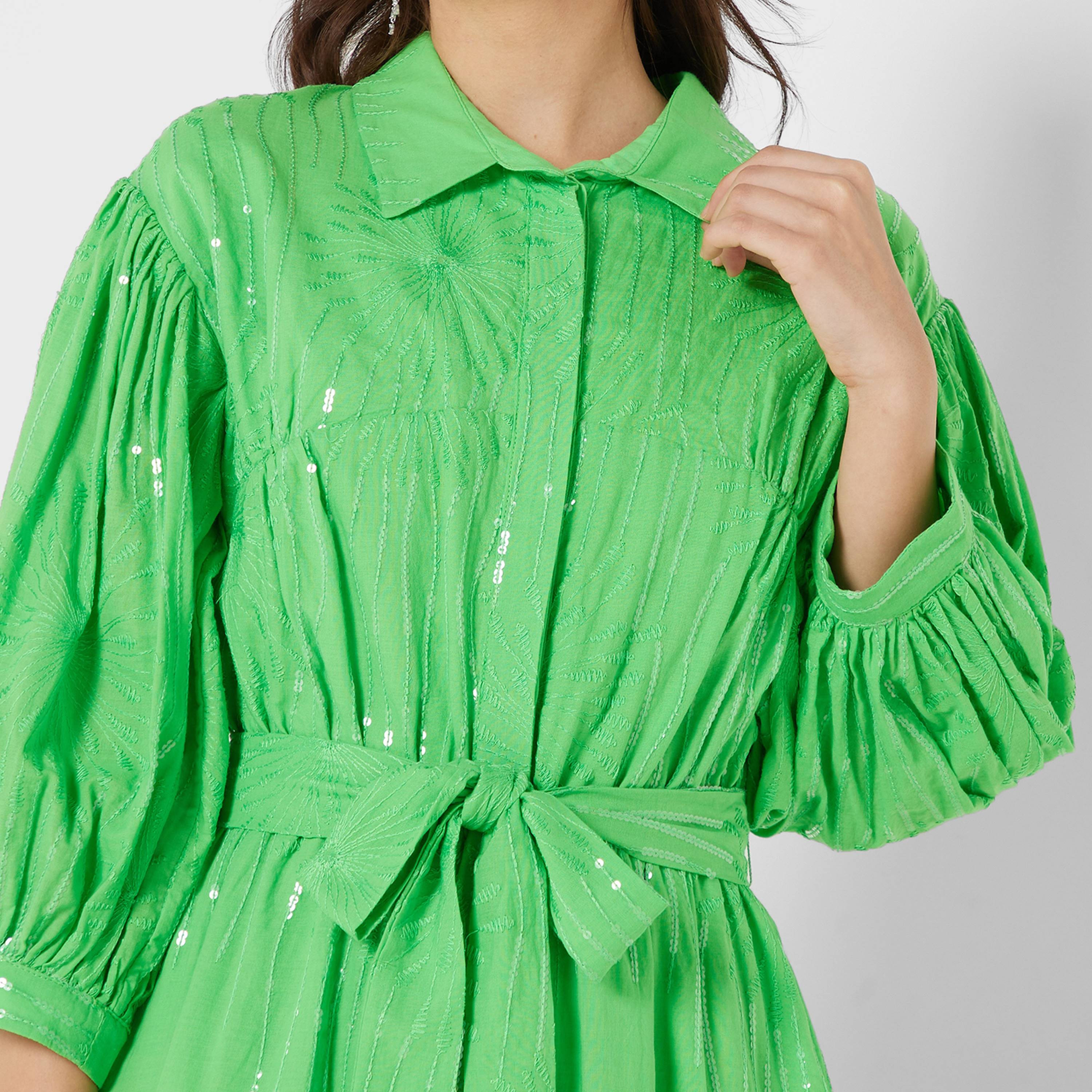 فستان نسائي متوسط الطول بأكمام منفوخة وياقة وترتر باللون الأخضر من نوكتيرن-women-clothing-dresses-image-4