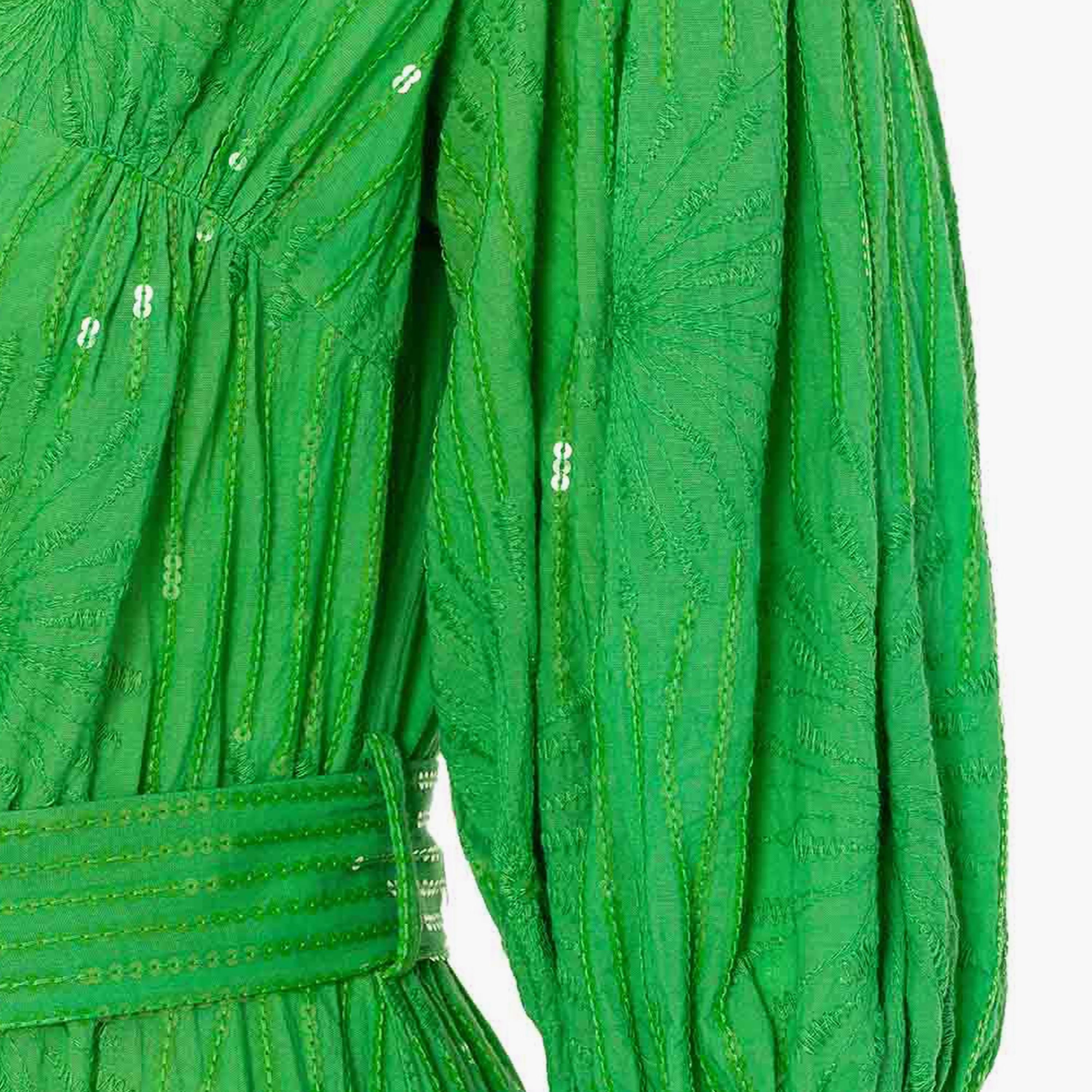 فستان نسائي متوسط الطول بأكمام منفوخة وياقة وترتر باللون الأخضر من نوكتيرن-women-clothing-dresses-image-5