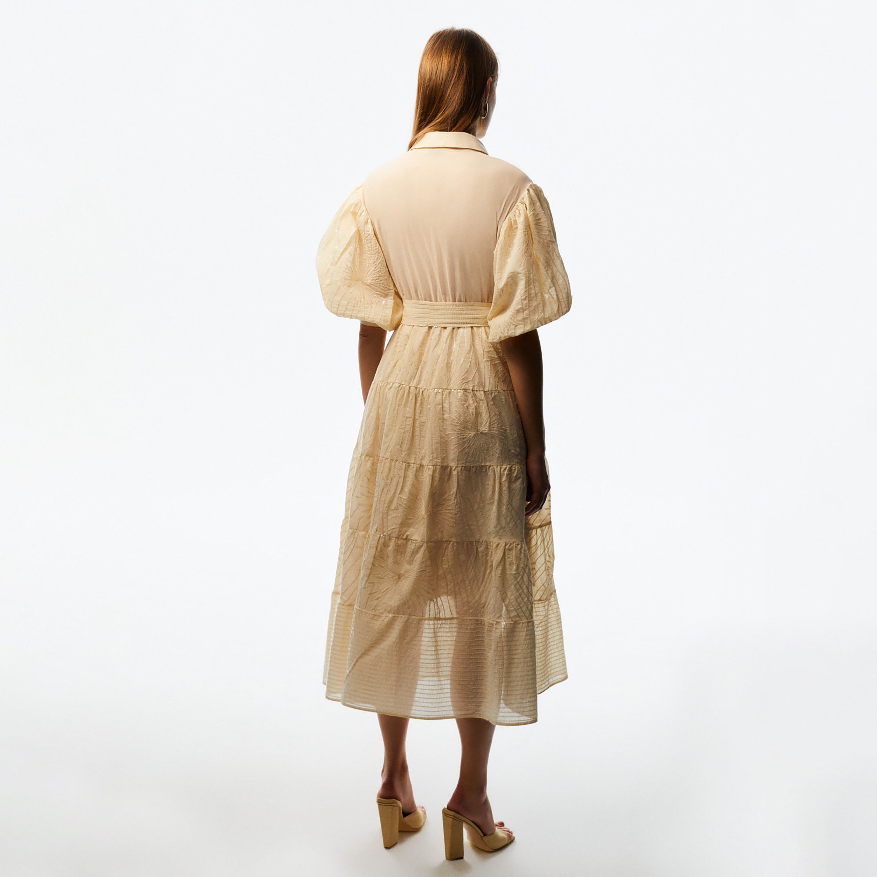 فستان سهرة نسائي متوسط ​​الطول بقميص بأكمام منفوخة وياقة مزينة بالترتر من نوكترن-women-clothing-dresses-image-3