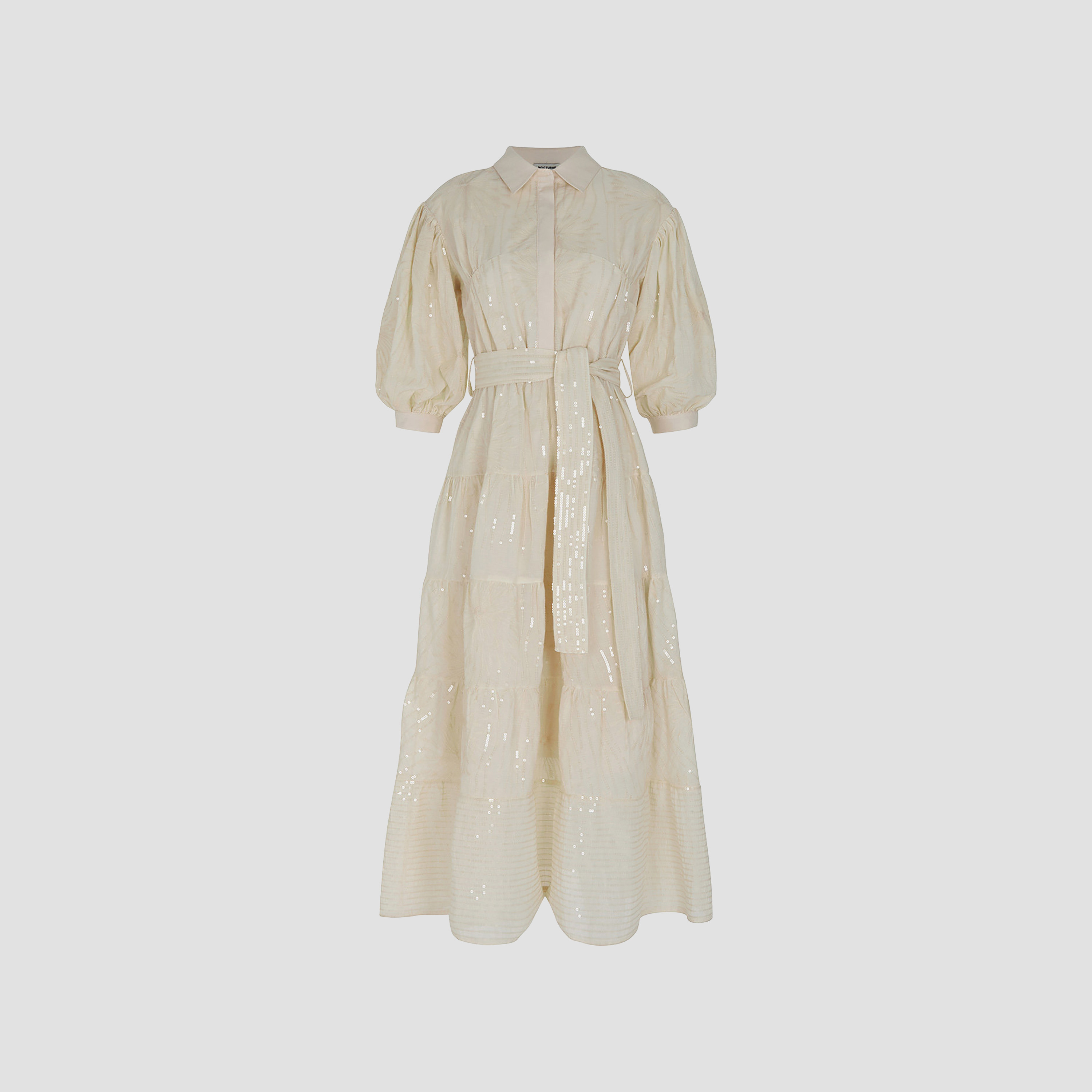 فستان سهرة نسائي متوسط ​​الطول بقميص بأكمام منفوخة وياقة مزينة بالترتر من نوكترن-women-clothing-dresses-image-4
