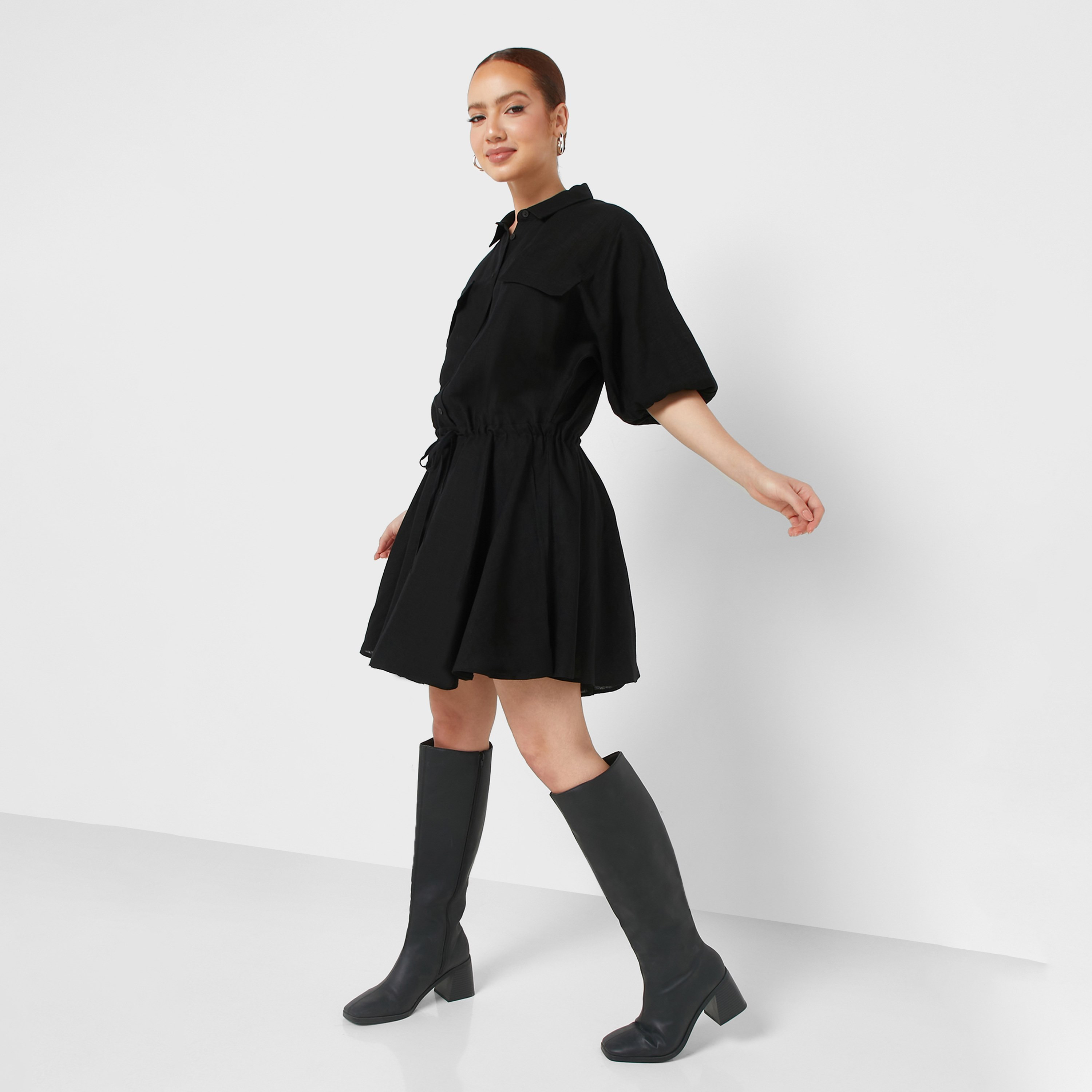 قميص بأكمام منفوخة وياقة مدببة وفستان قصير أسود للنساء من نوكتيرن-women-clothing-dresses-image-1