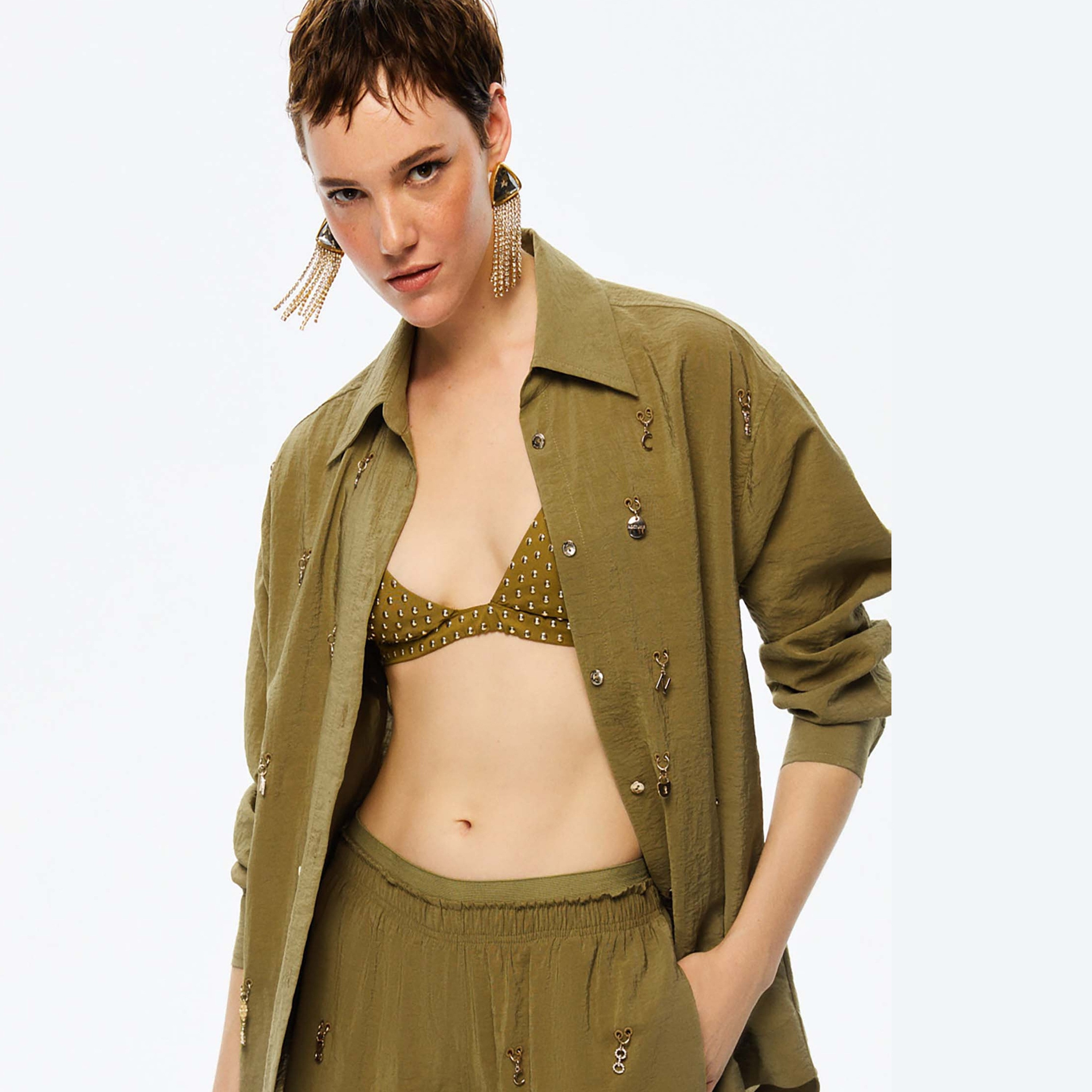Nocturne Metal Charm Collared Olive Green Women's Shirt-women-clothing-shirtsandblouses-shirts-image-1