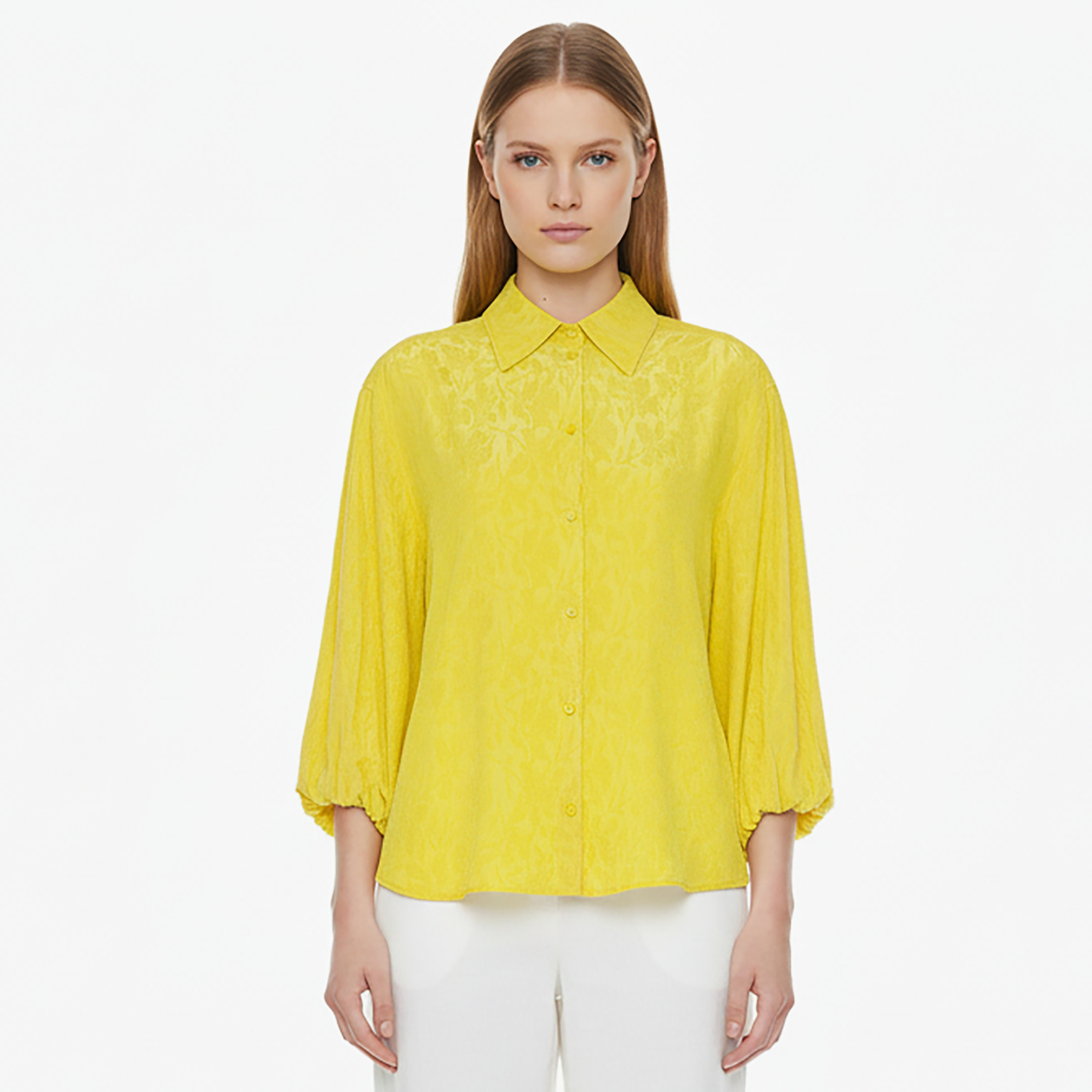 قميص نسائي أصفر من جاكار بياقة وأكمام منفوخة من نوكترن-women-clothing-shirtsandblouses-shirts-image-1