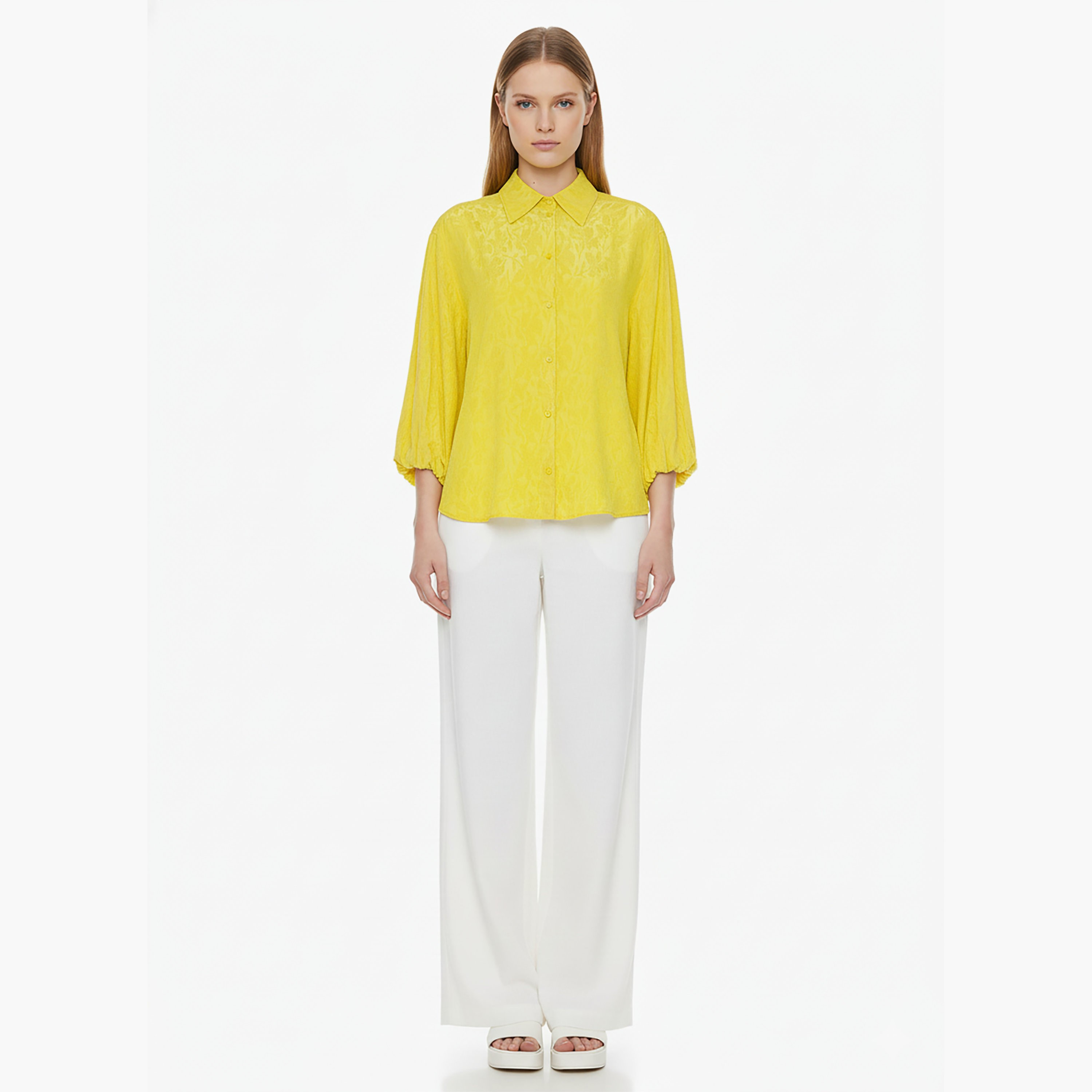 قميص نسائي أصفر من جاكار بياقة وأكمام منفوخة من نوكترن-women-clothing-shirtsandblouses-shirts-image-2