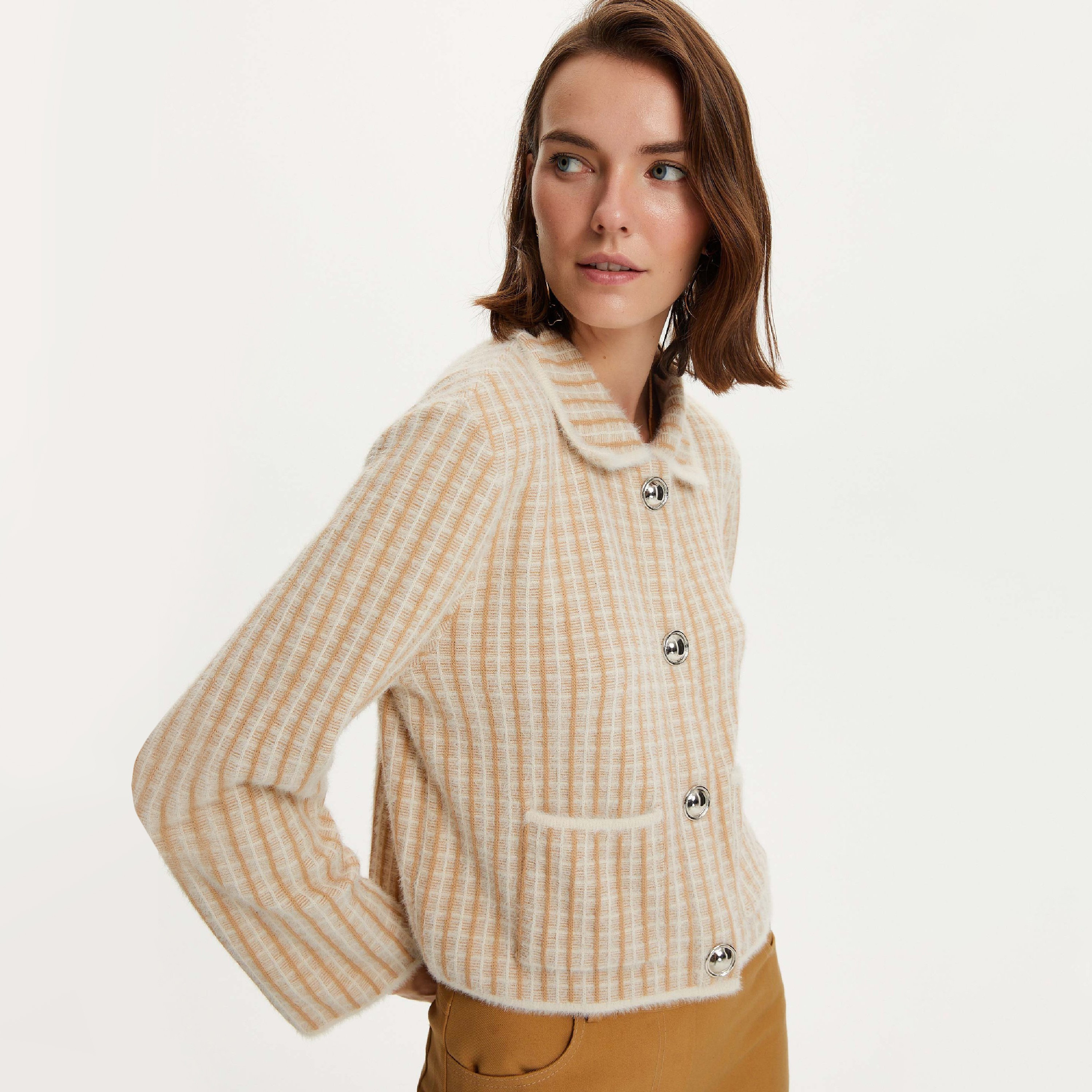 Nocturne Checked Collared Beige Women's Cardigan-women-winterwear-cardigansandjumpers-cardigans-image-1