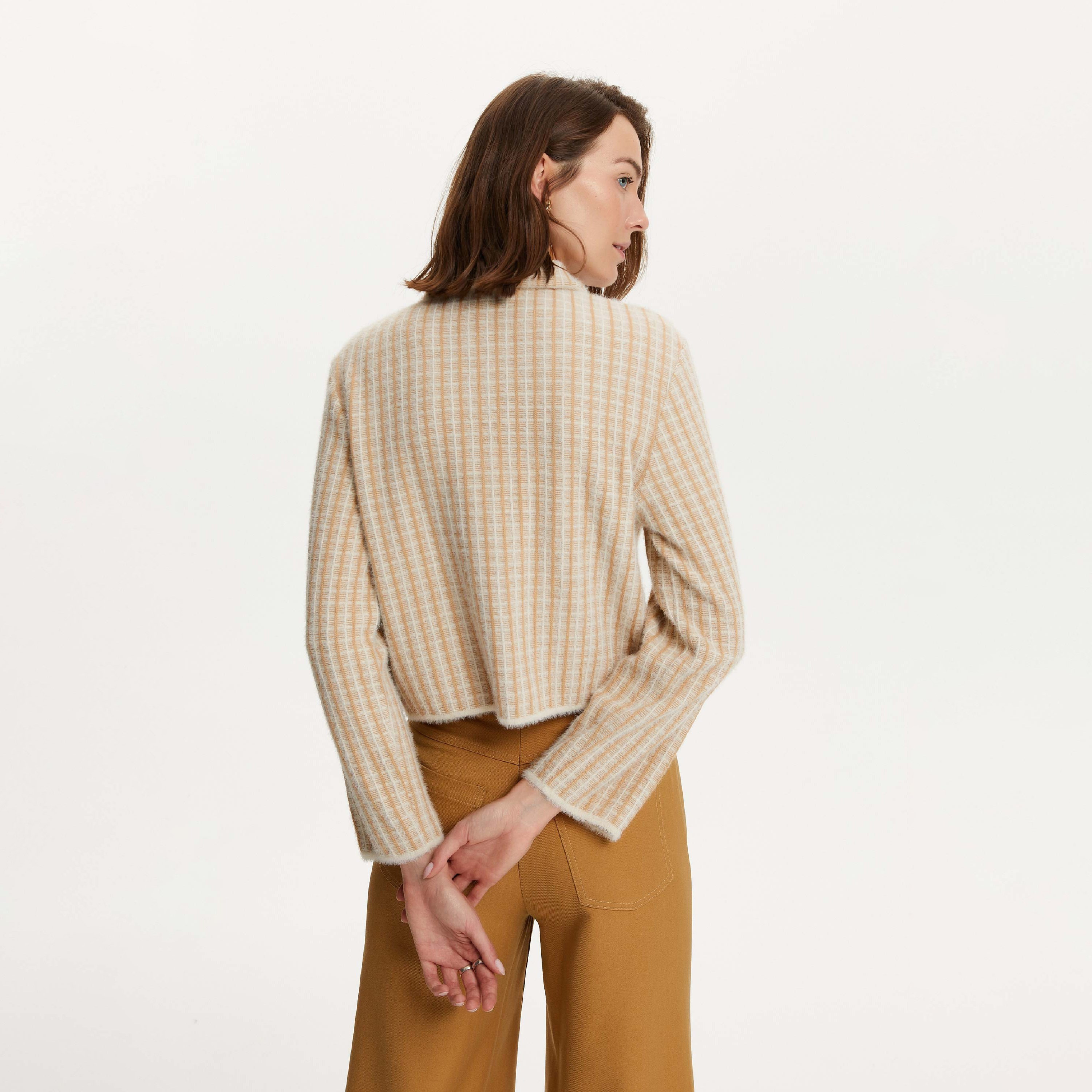 Nocturne Checked Collared Beige Women's Cardigan-women-winterwear-cardigansandjumpers-cardigans-image-3